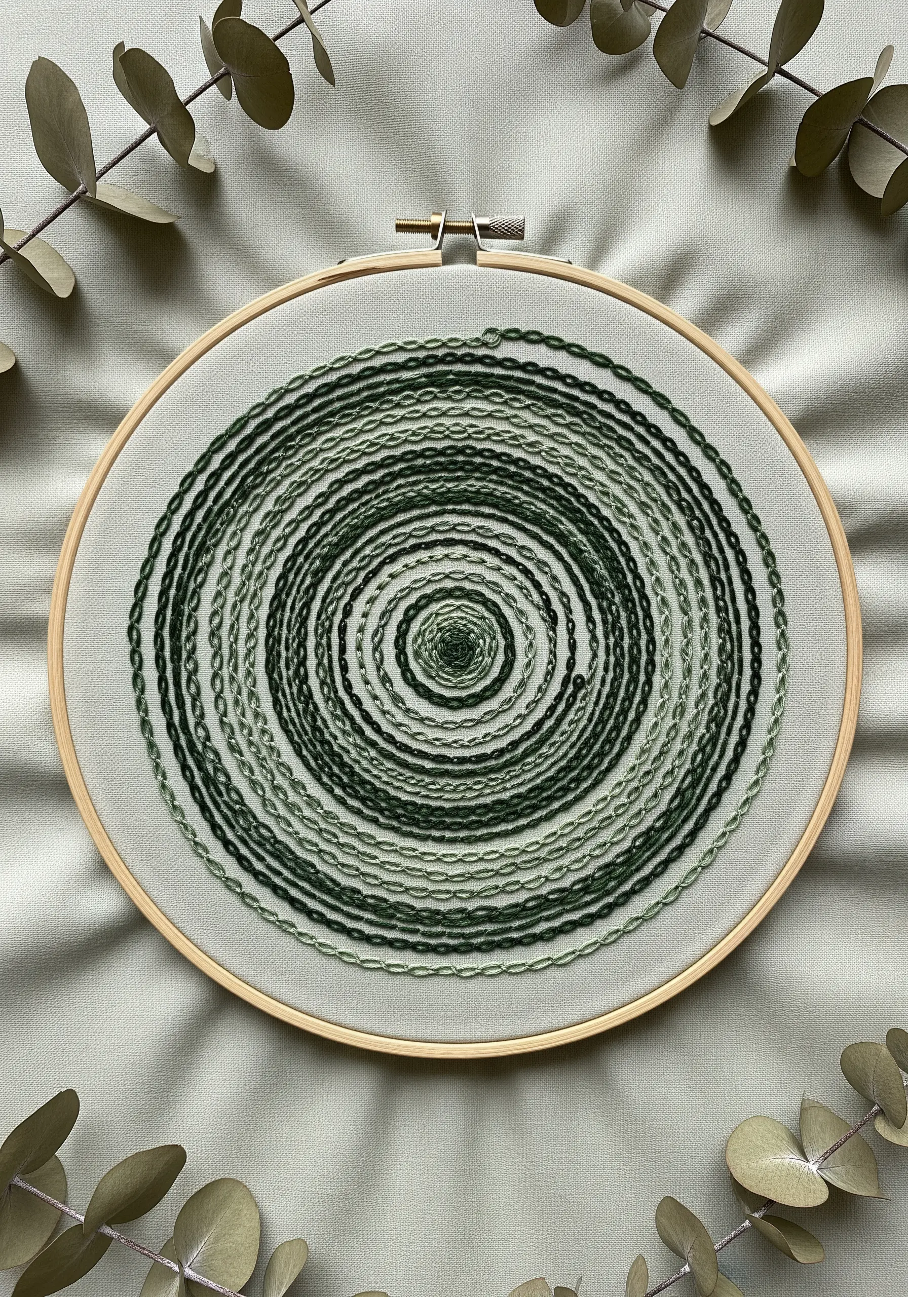 Concentric ovals in varying shades of green chain stitch inside an embroidery hoop.