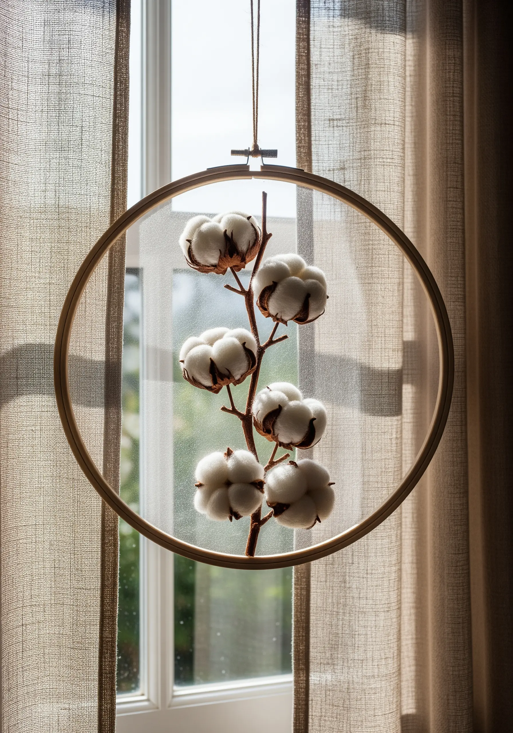 A delicate branch with fluffy white cotton bolls embroidered on sheer tulle.