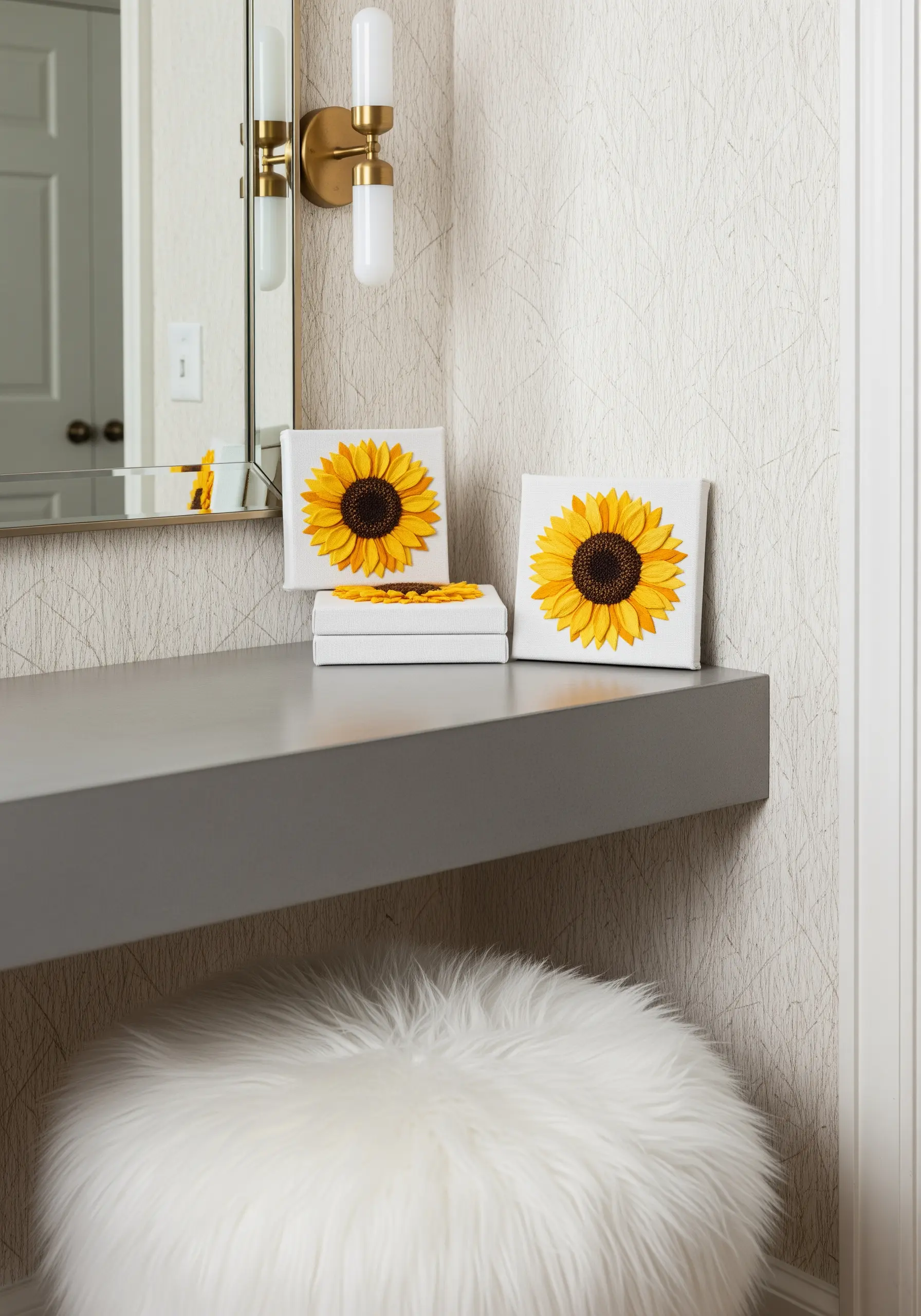 Two embroidered sunflowers on small, square art canvases sitting on a gray vanity.