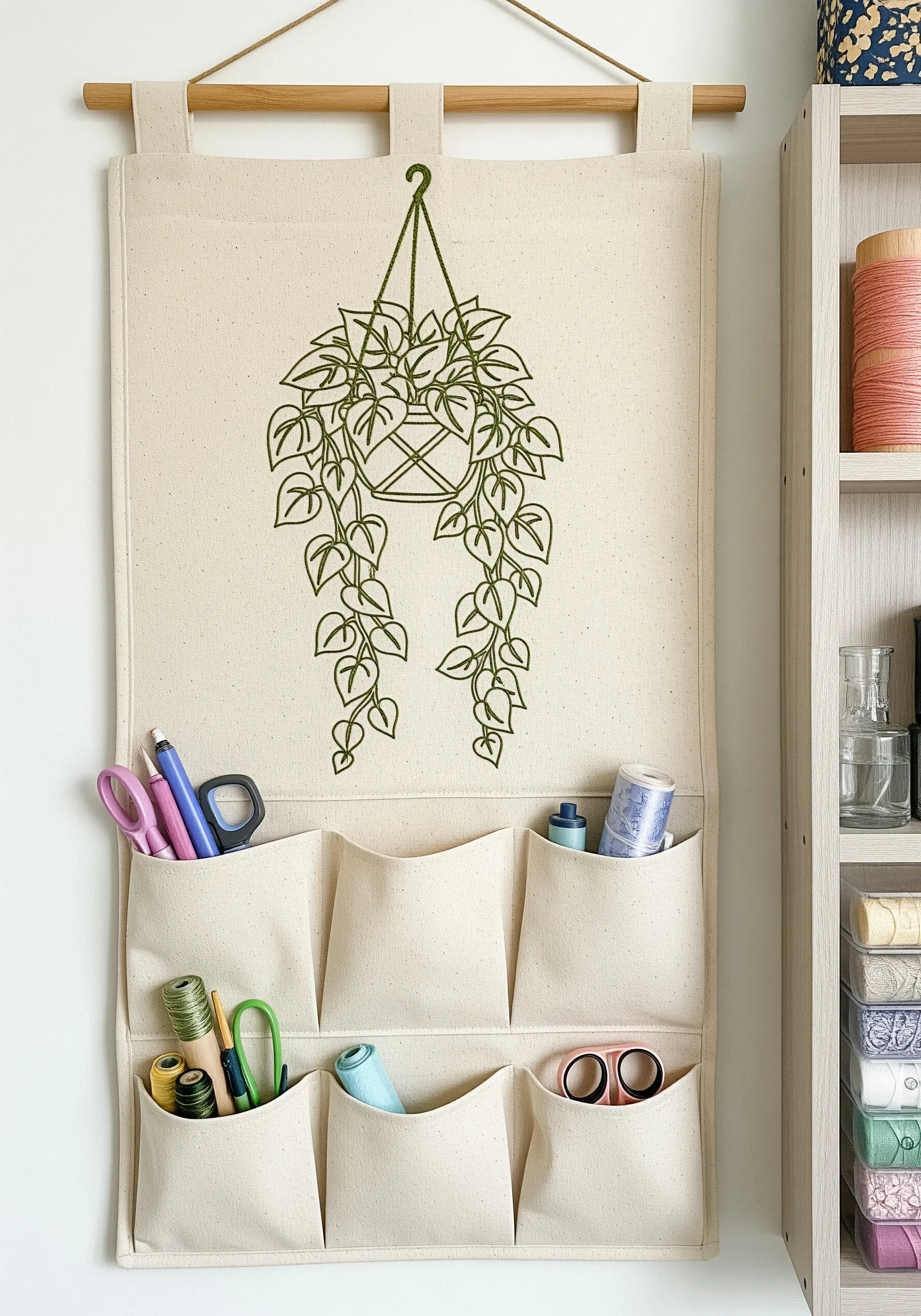 An outline of a hanging pothos plant embroidered on a canvas wall organizer with pockets.