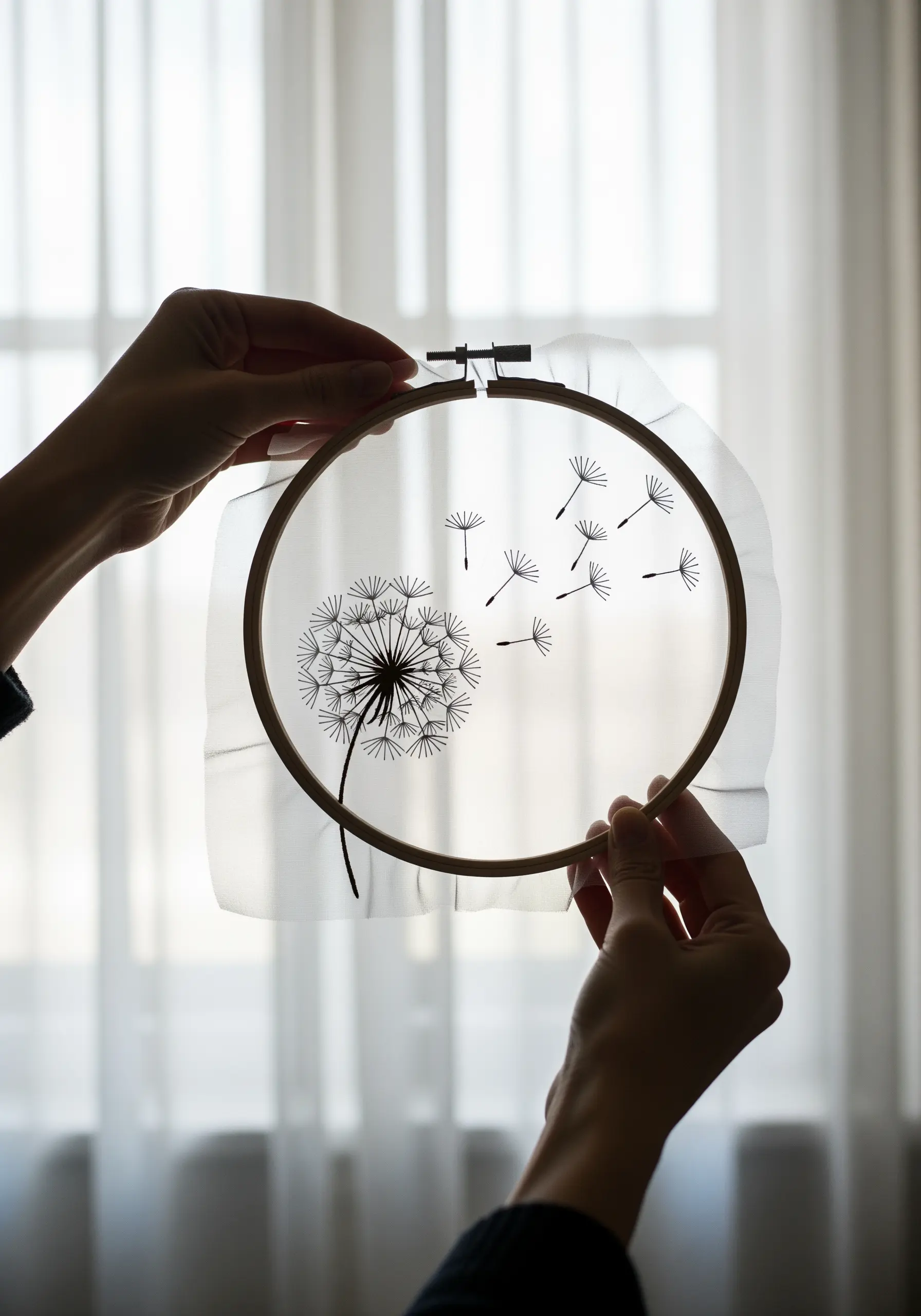 A dandelion embroidered in black thread on sheer organza fabric, held up to the light