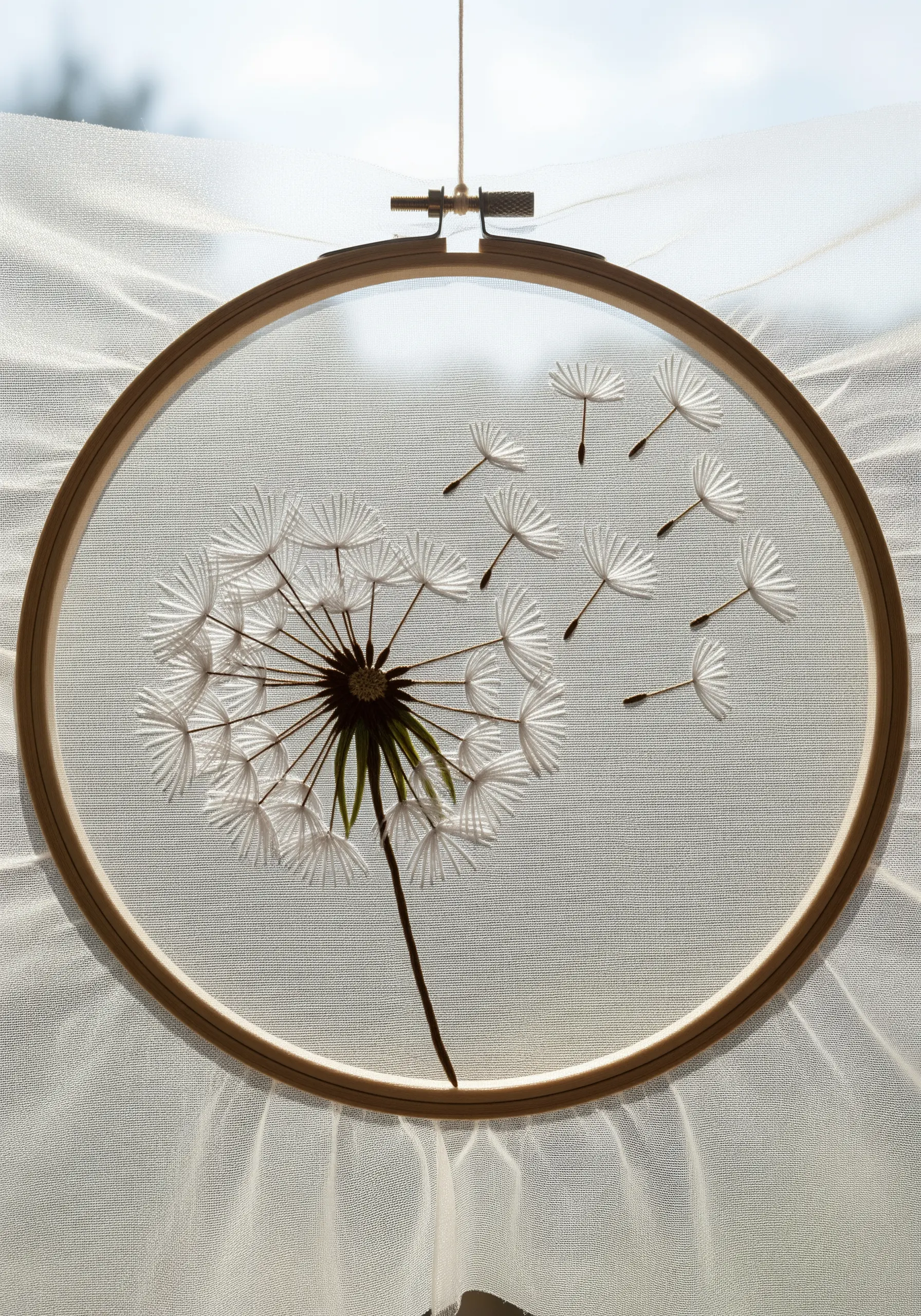 A delicate white dandelion embroidered on sheer organza, appearing to float in the air.
