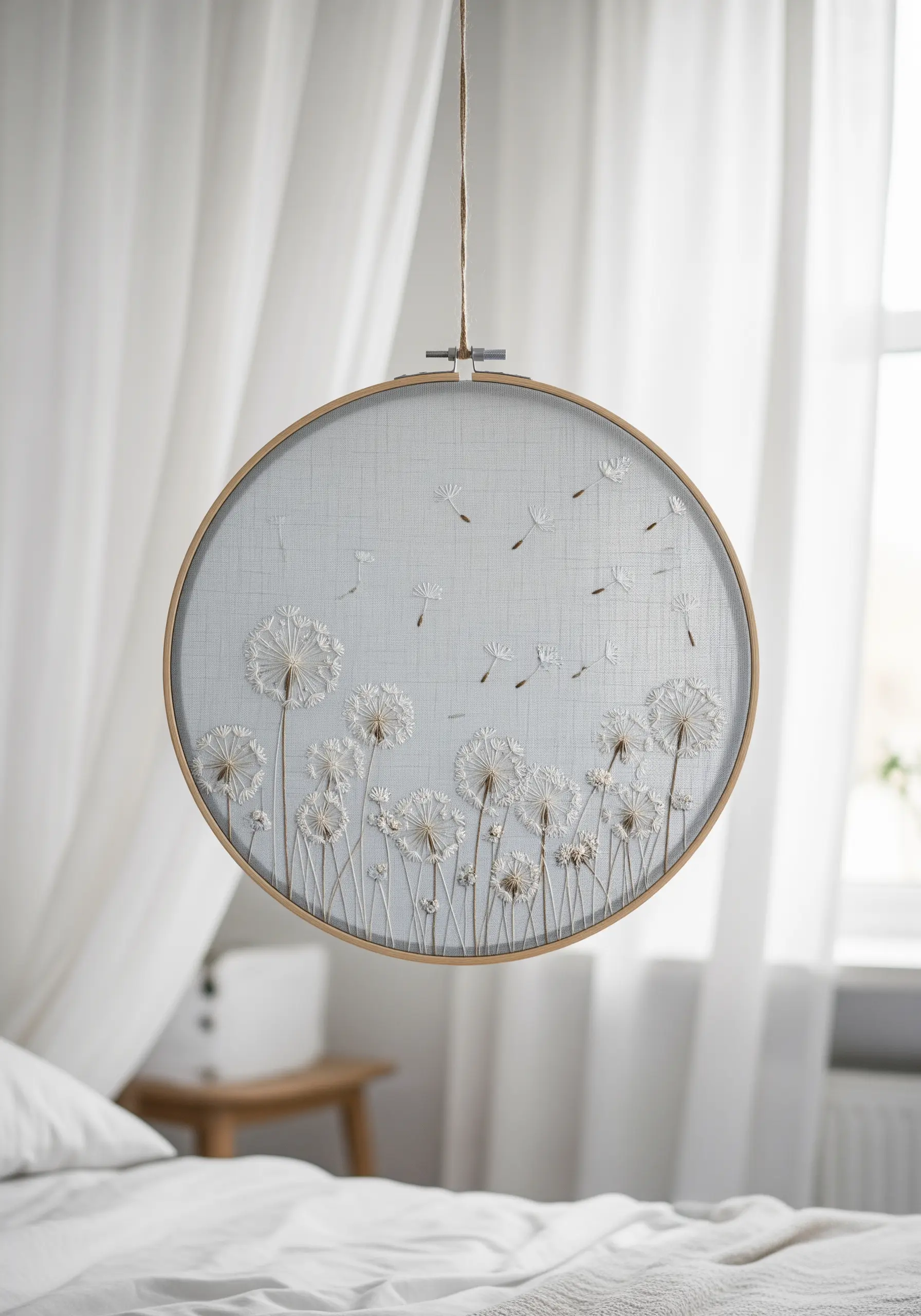 Delicate embroidery of dandelion clocks on a sheer, translucent fabric, creating a floating effect.