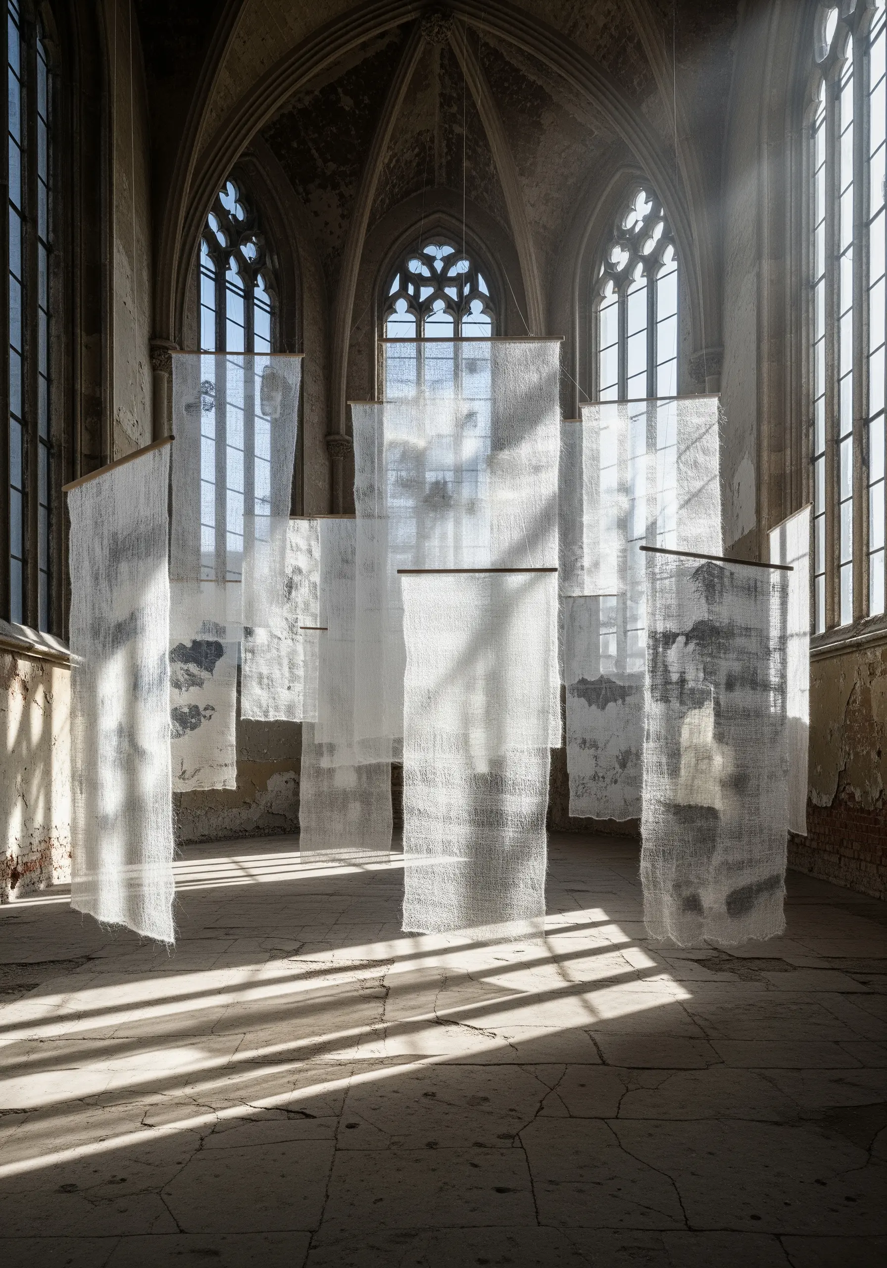 Sheer white fabric panels with subtle stitched landscapes hanging in a sunlit, rustic church.