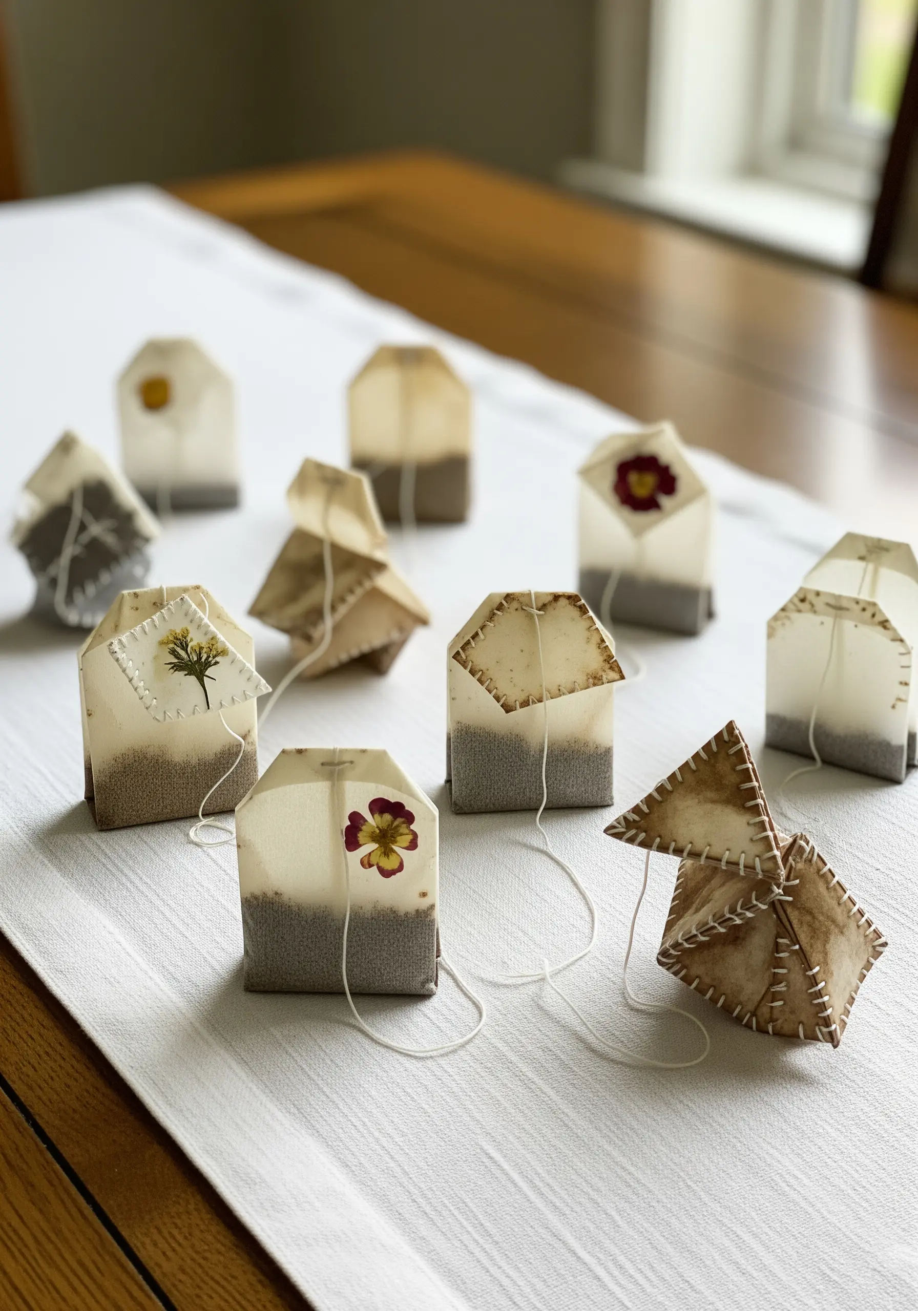 A collection of used tea bags arranged on a table, some stitched with tiny flowers.