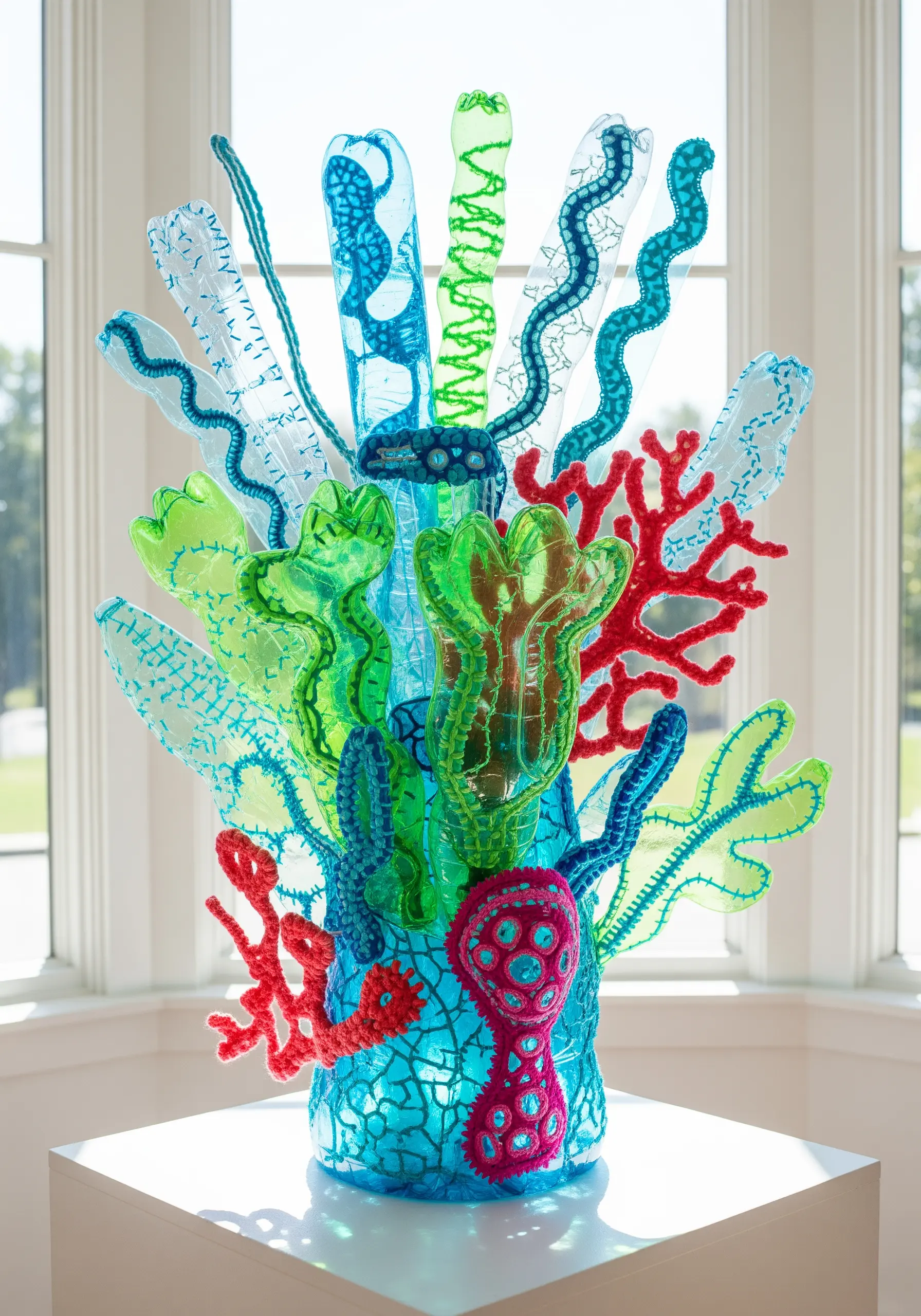 A colorful sculpture of coral made from recycled plastic bottles embellished with yarn.