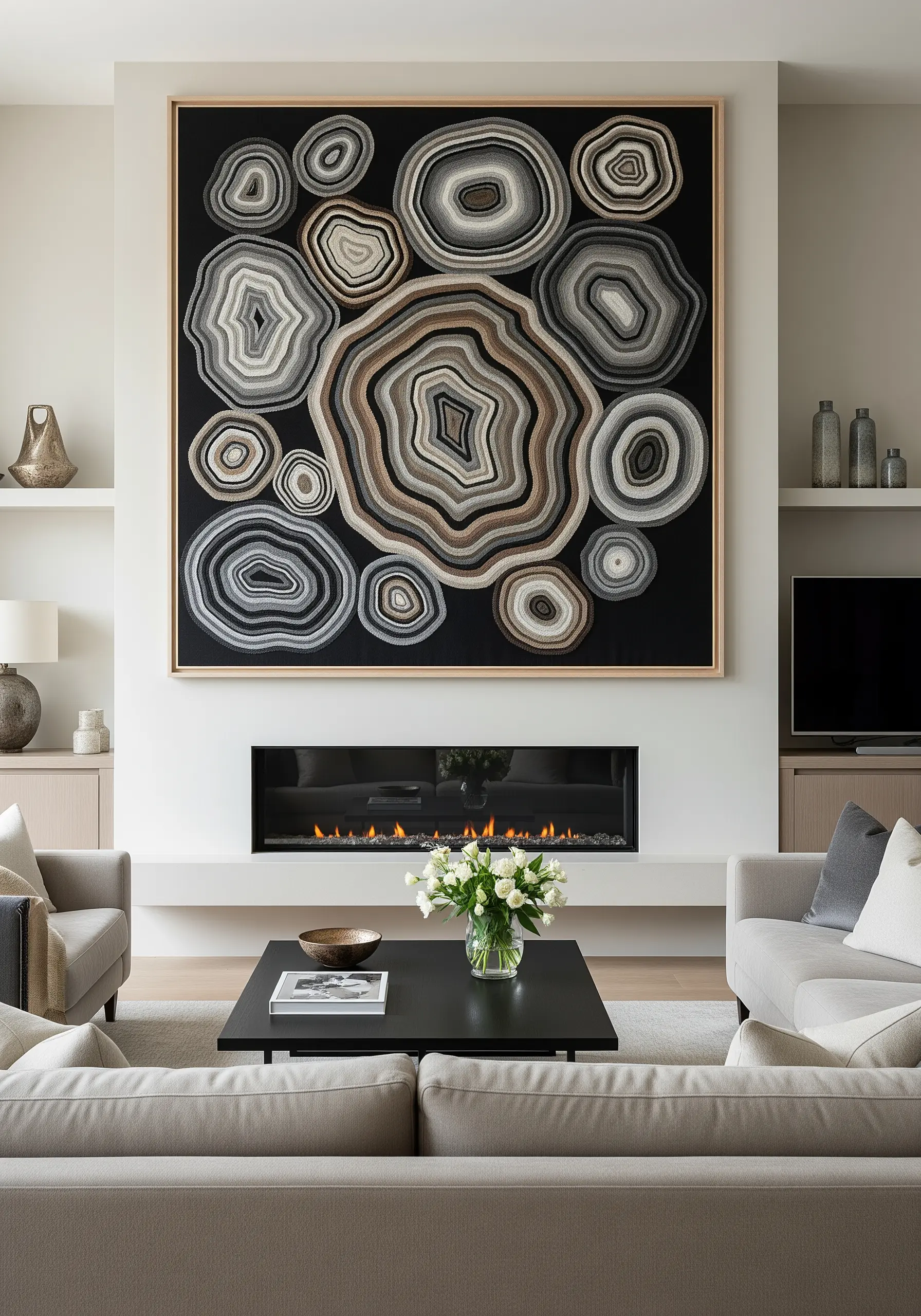Large-scale abstract embroidery of agate slices in neutral tones above a fireplace.