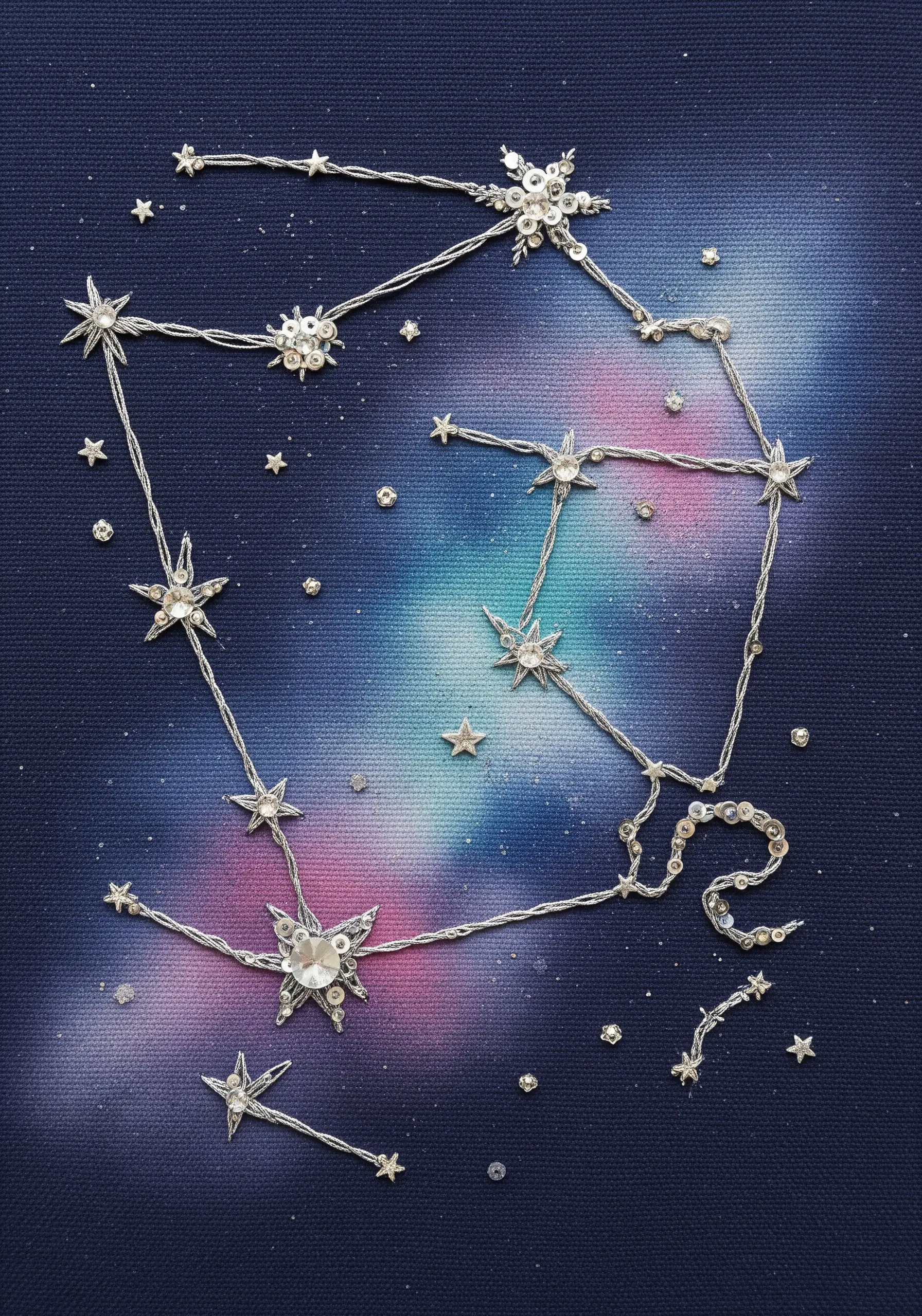 Embroidered constellation with beads and sequins stitched over a painted galaxy background.