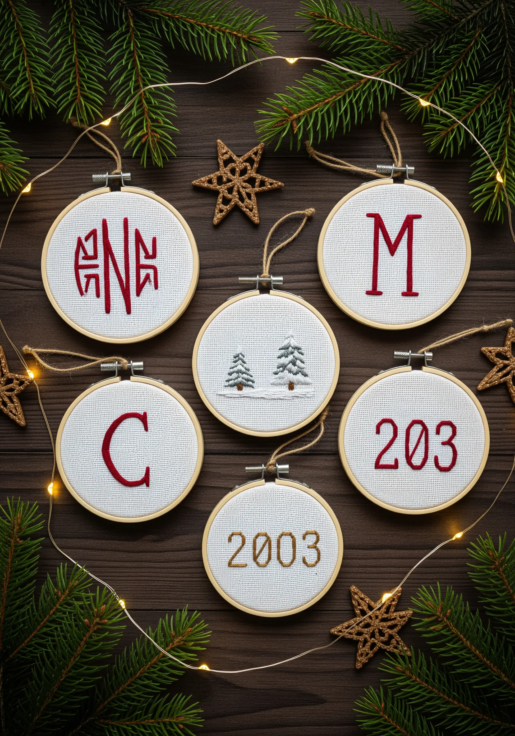 Set of small embroidered Christmas ornaments with monograms, dates, and trees.