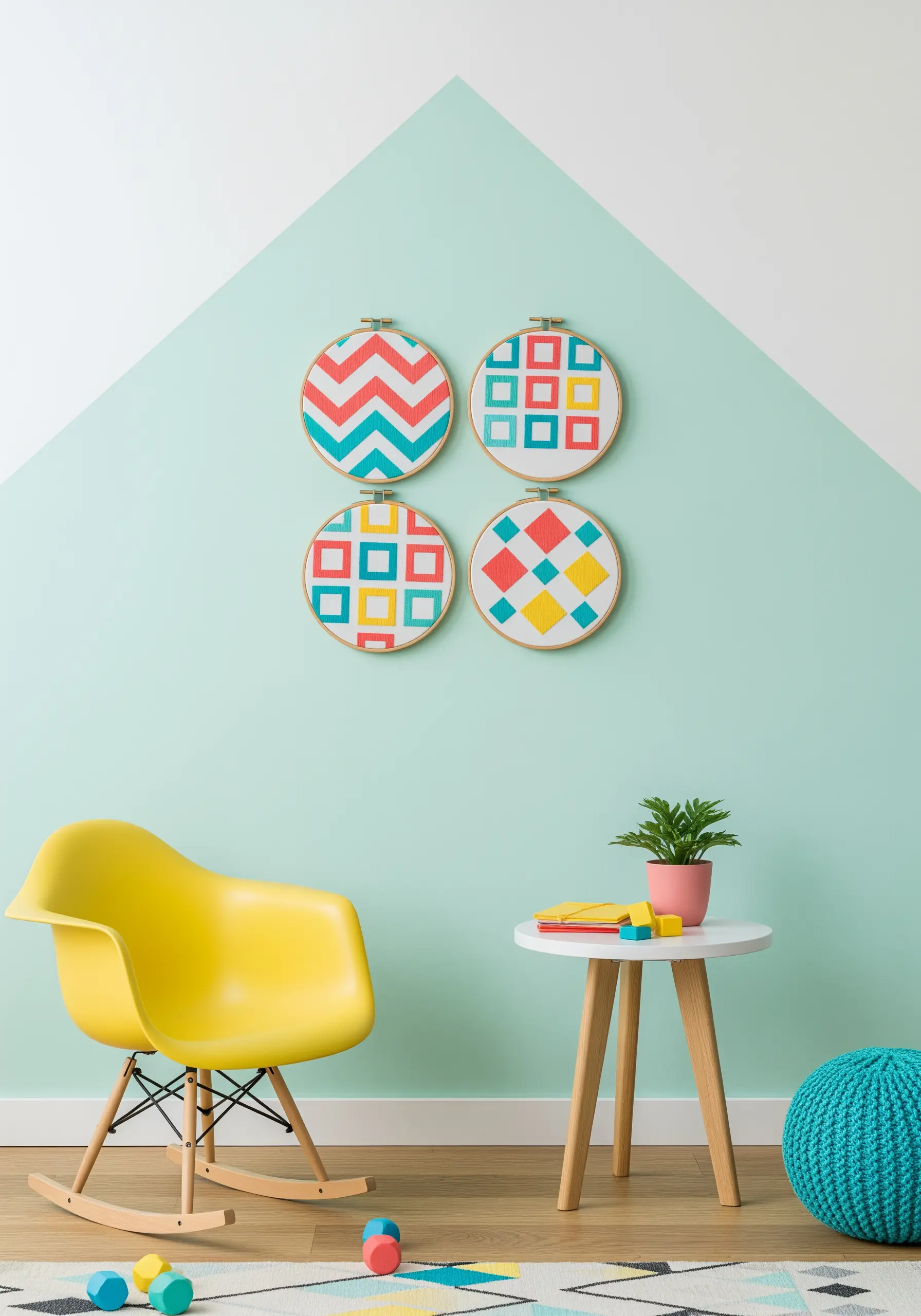 Four small embroidery hoops with bright, colorful geometric patterns against a mint wall.