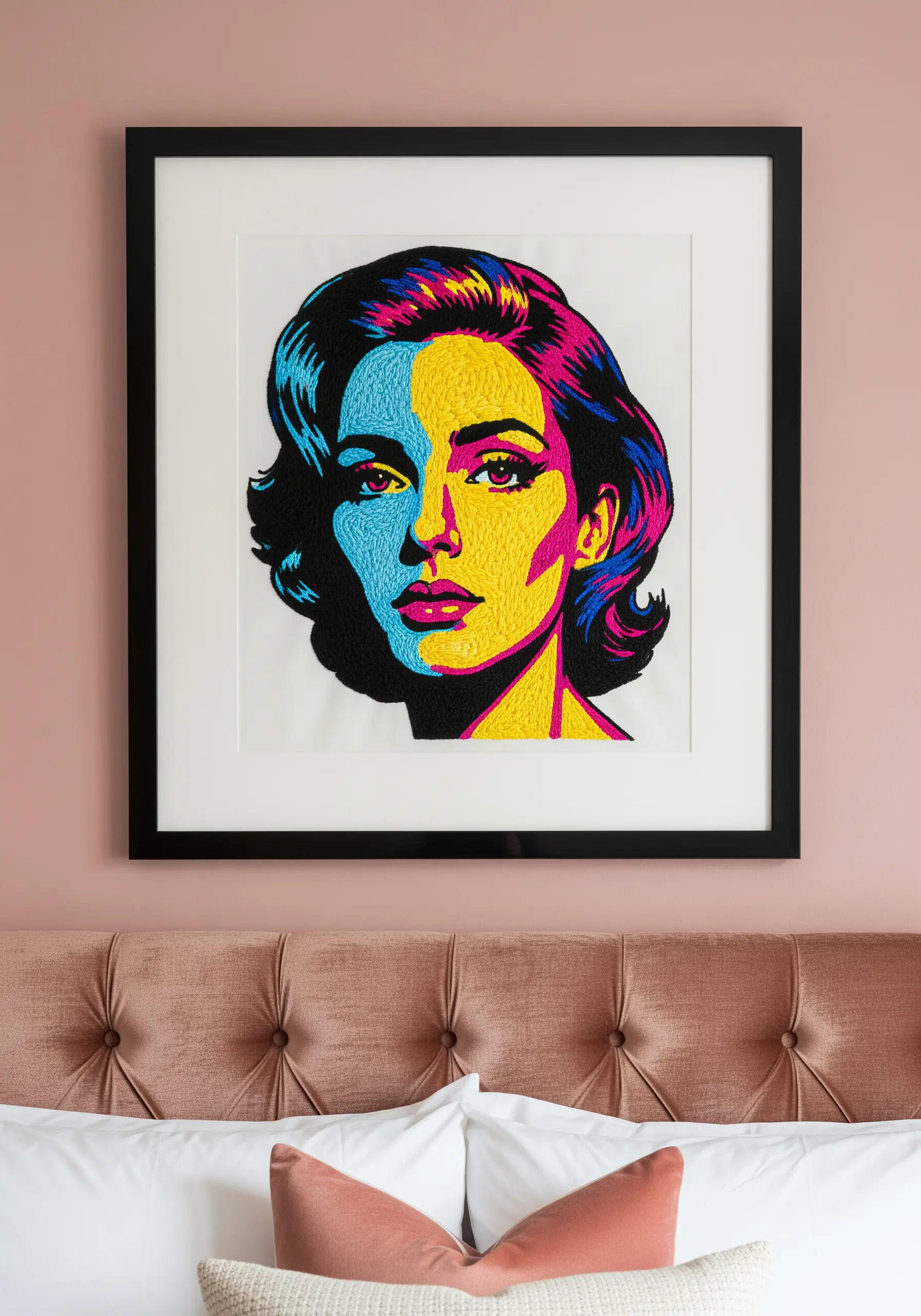 A framed pop-art style embroidered portrait with bold color blocking in yellow, blue, and magenta.