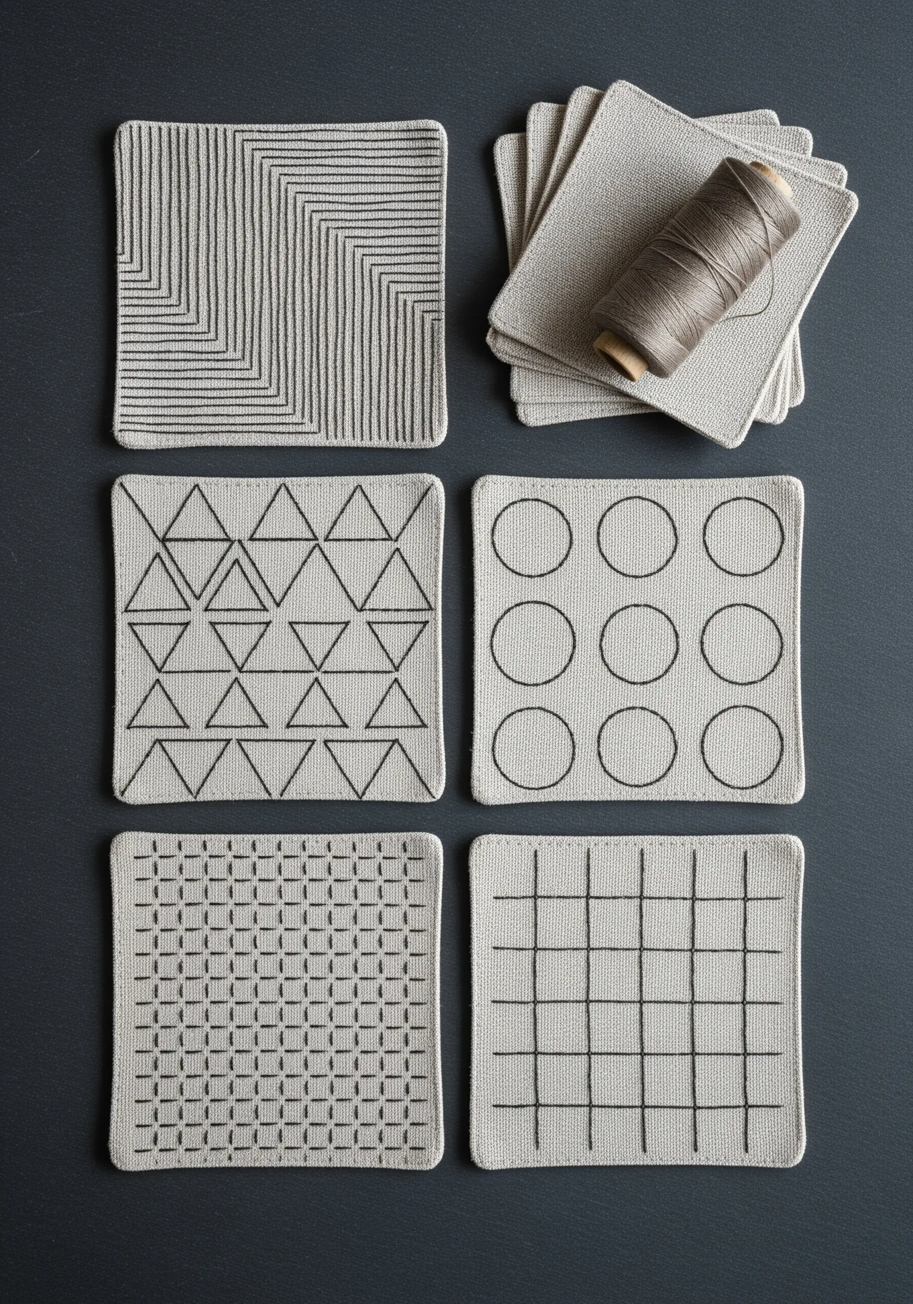A set of coasters with different minimalist geometric patterns stitched in black thread.