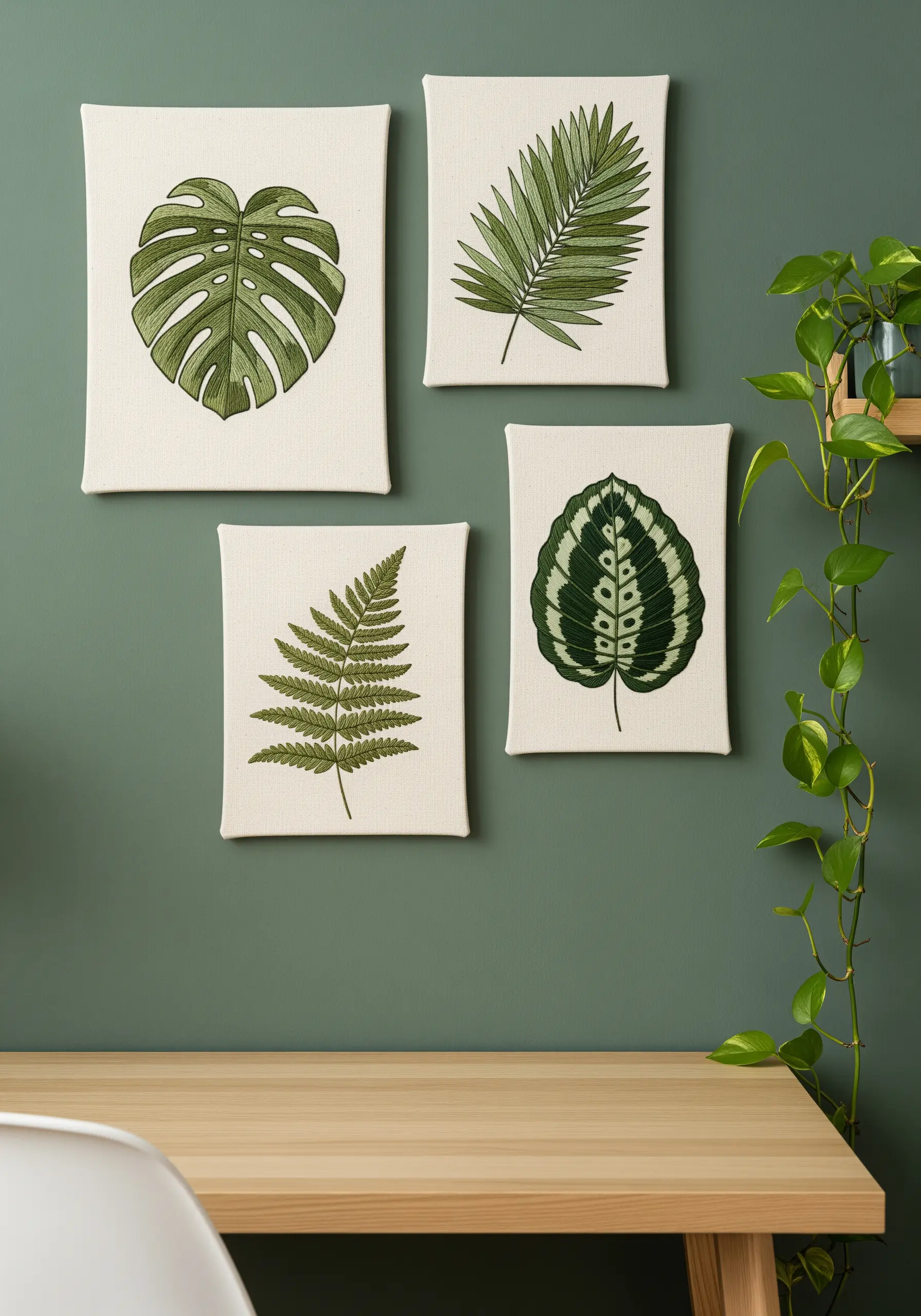 A collection of four canvases, each featuring a different realistically embroidered botanical leaf.