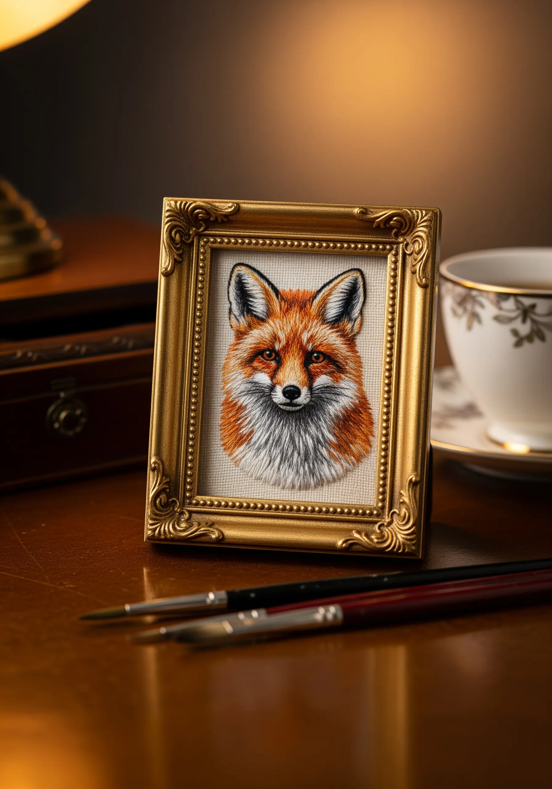 A realistic thread-painted fox portrait in a small, ornate gold frame.