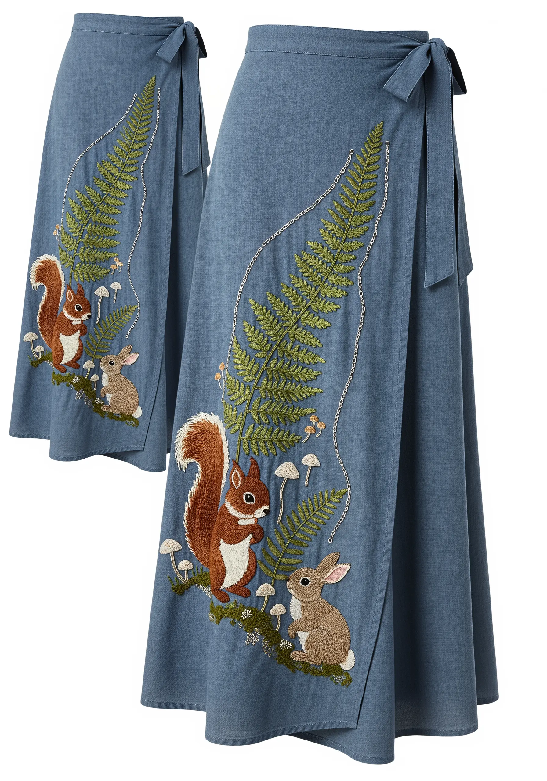 Embroidery of a squirrel, rabbit, and fern on a blue wrap skirt.