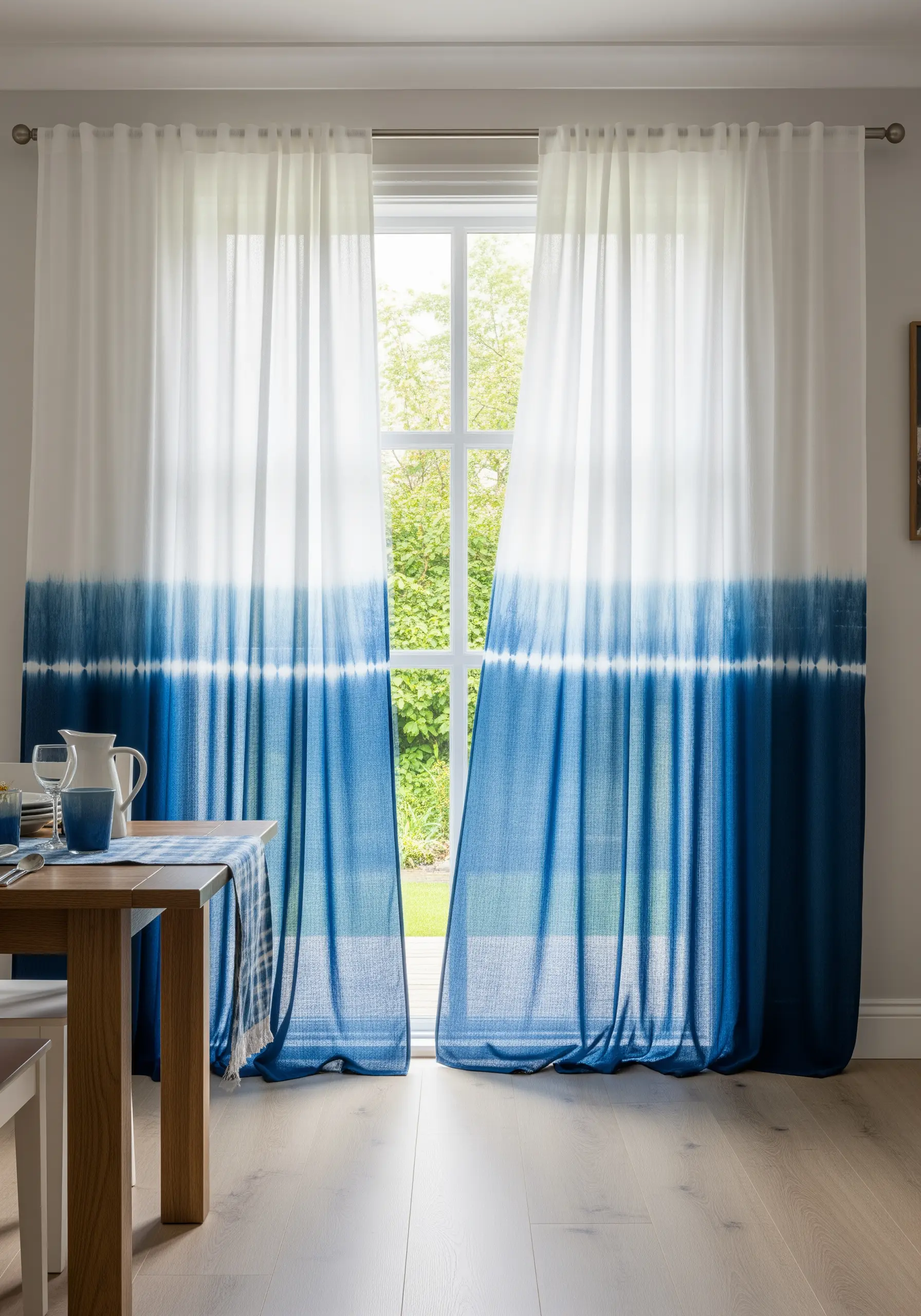 White curtains with a blue dip-dye effect featuring a sharp, white tie-dye line.