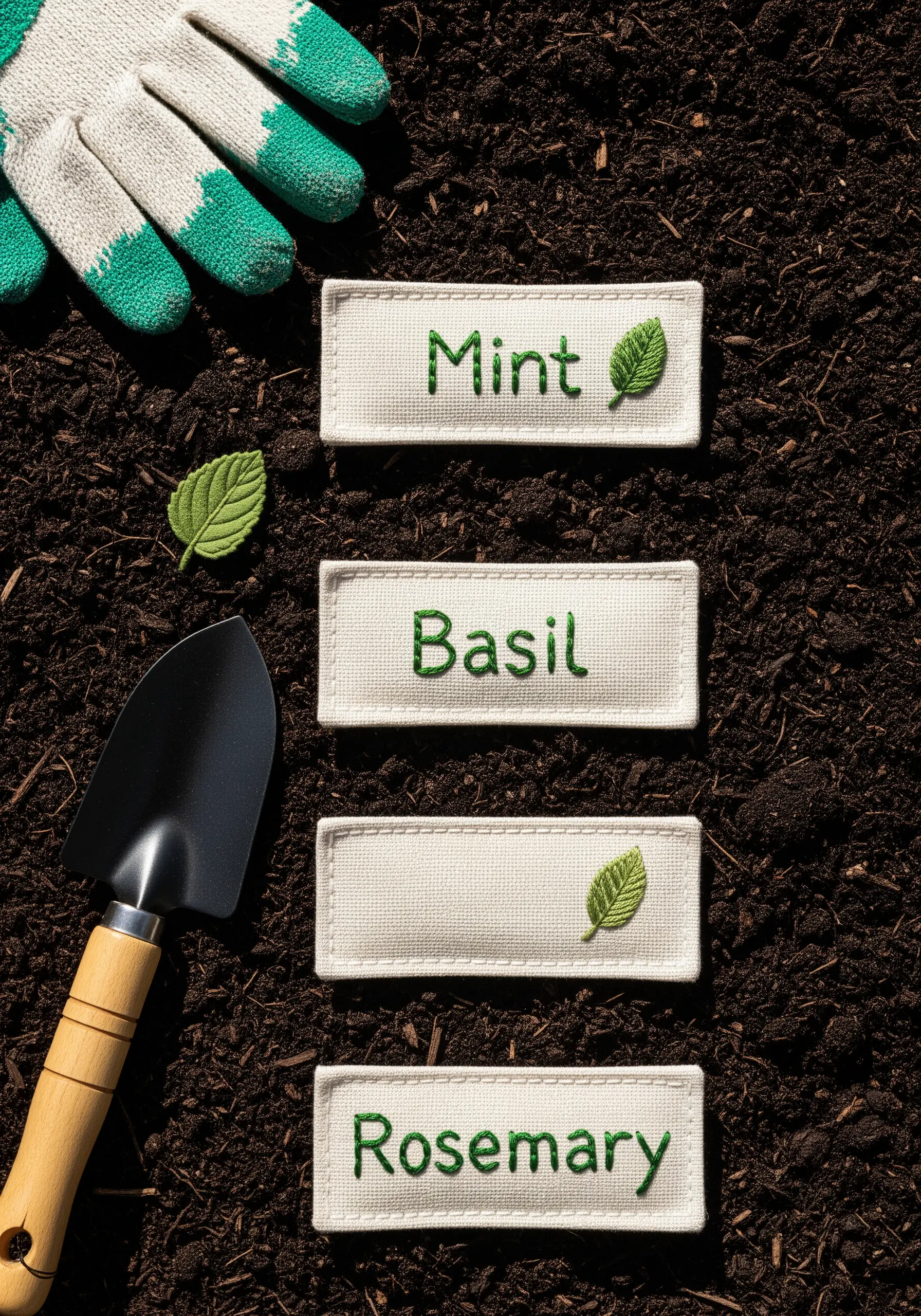Embroidered fabric plant markers for Mint, Basil, and Rosemary laid on rich garden soil.