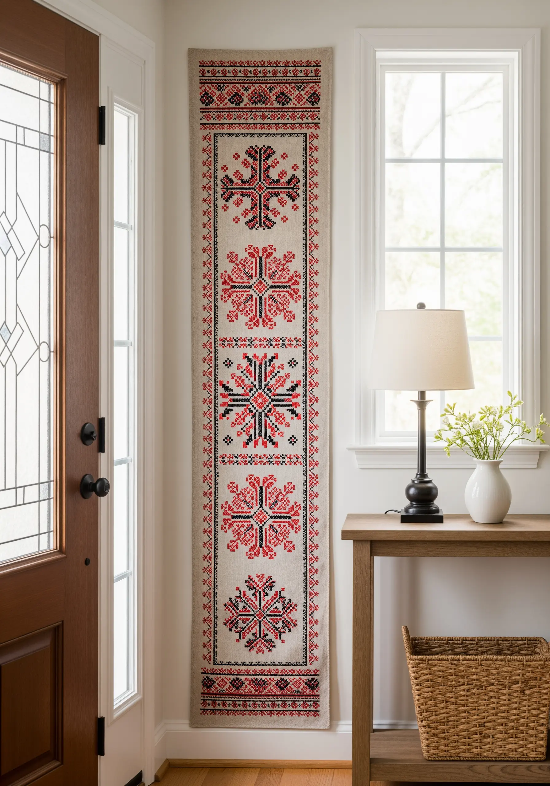 Slavic cross-stitch embroidery on a long, narrow wall hanging in red and black.