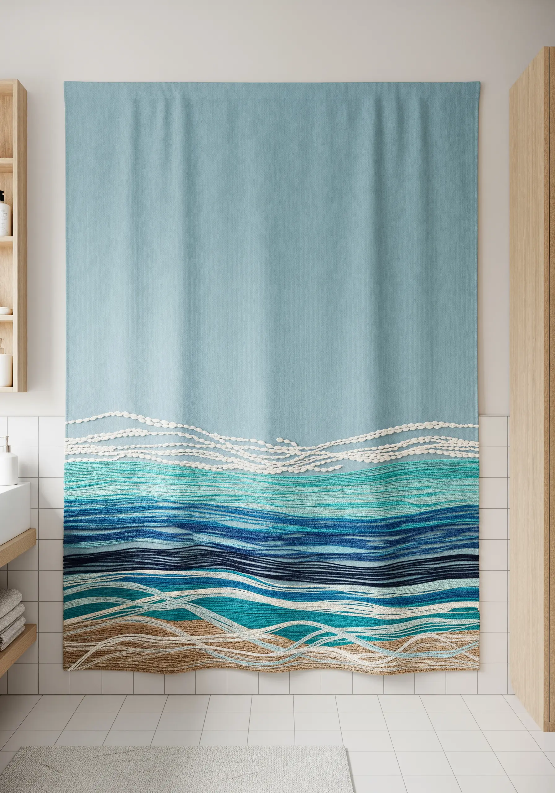 Fabric shower curtain with abstract embroidered ocean waves in blues and whites.
