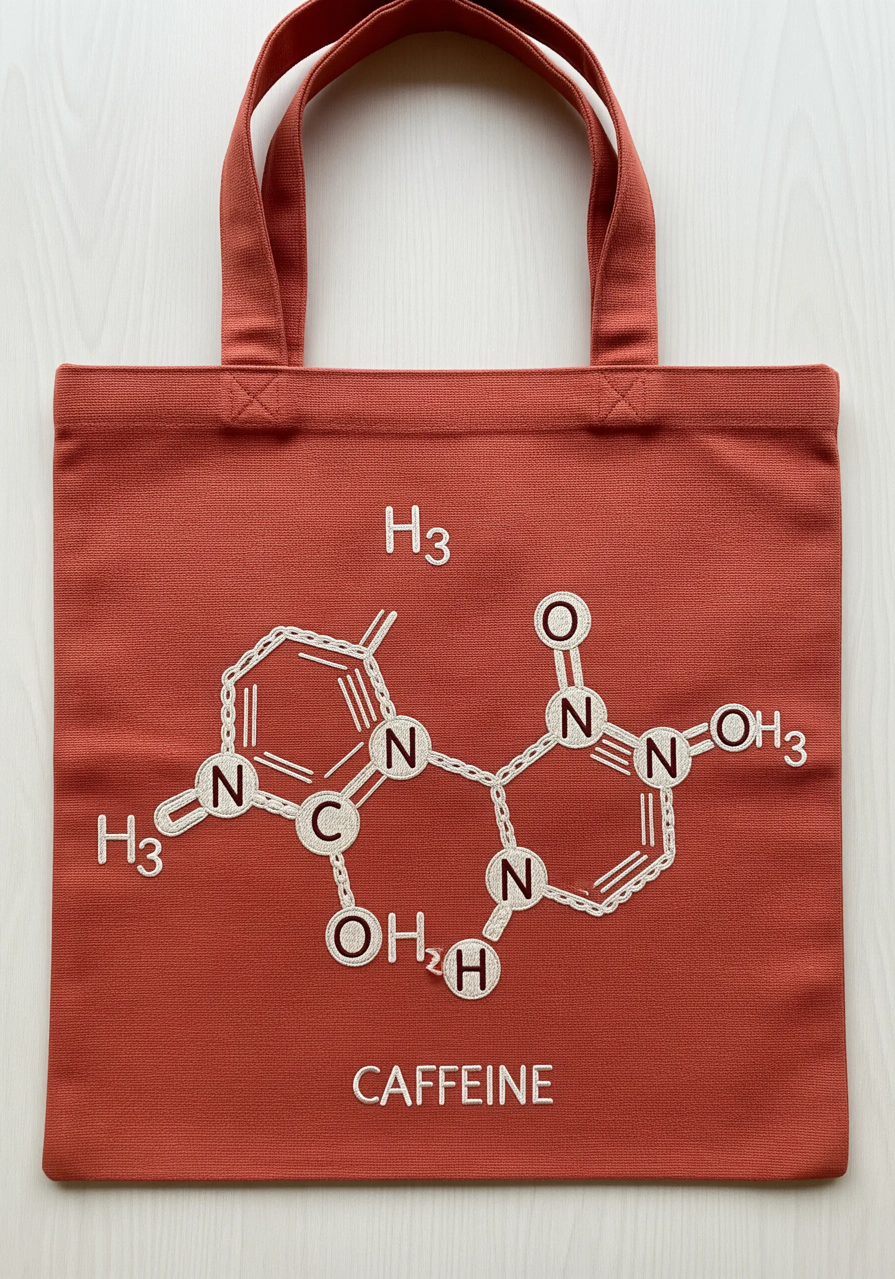 Embroidery of the chemical structure of a caffeine molecule on a rust-colored tote bag.