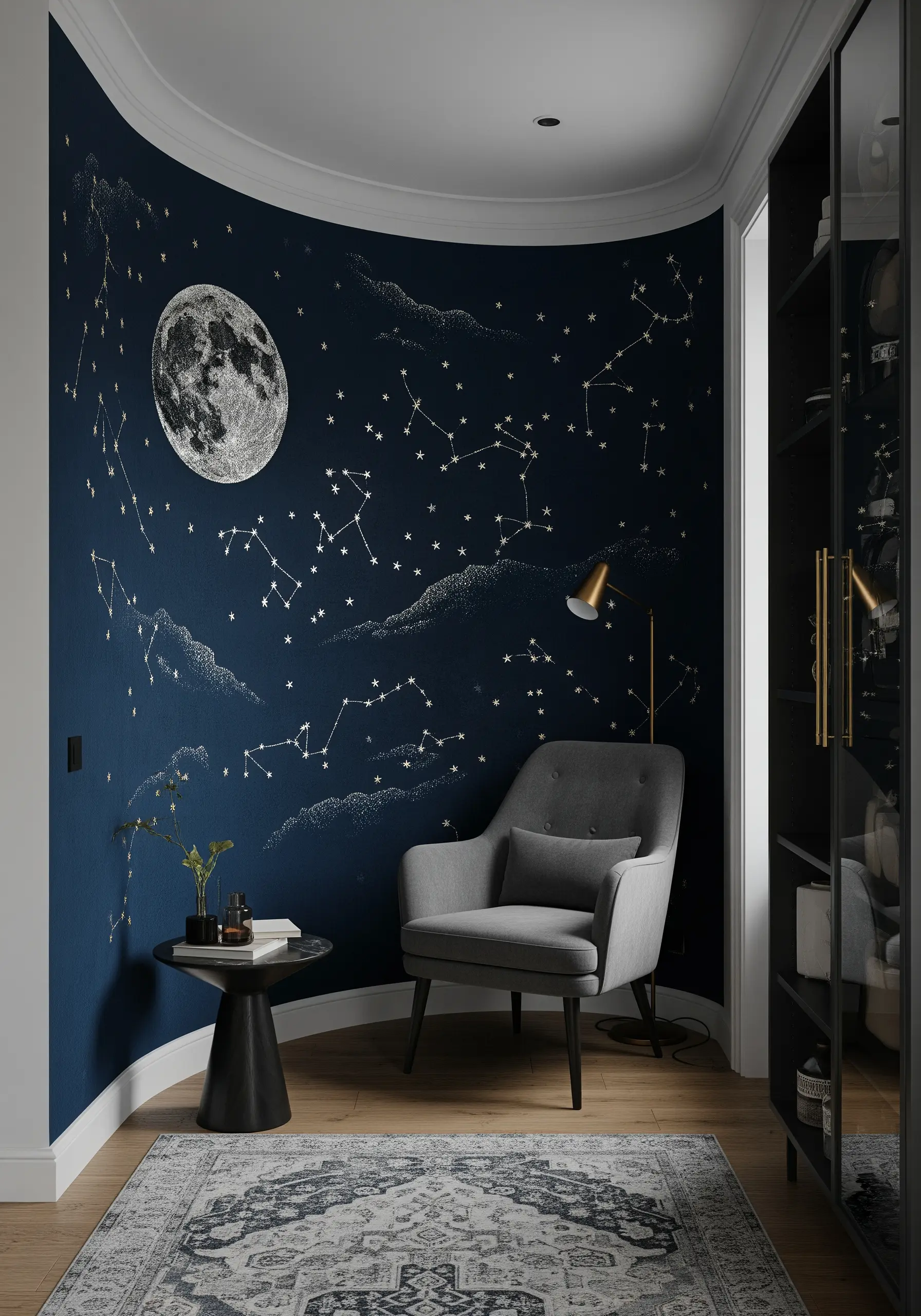 A celestial mural embroidered directly onto a curved navy wall with the moon and constellations.