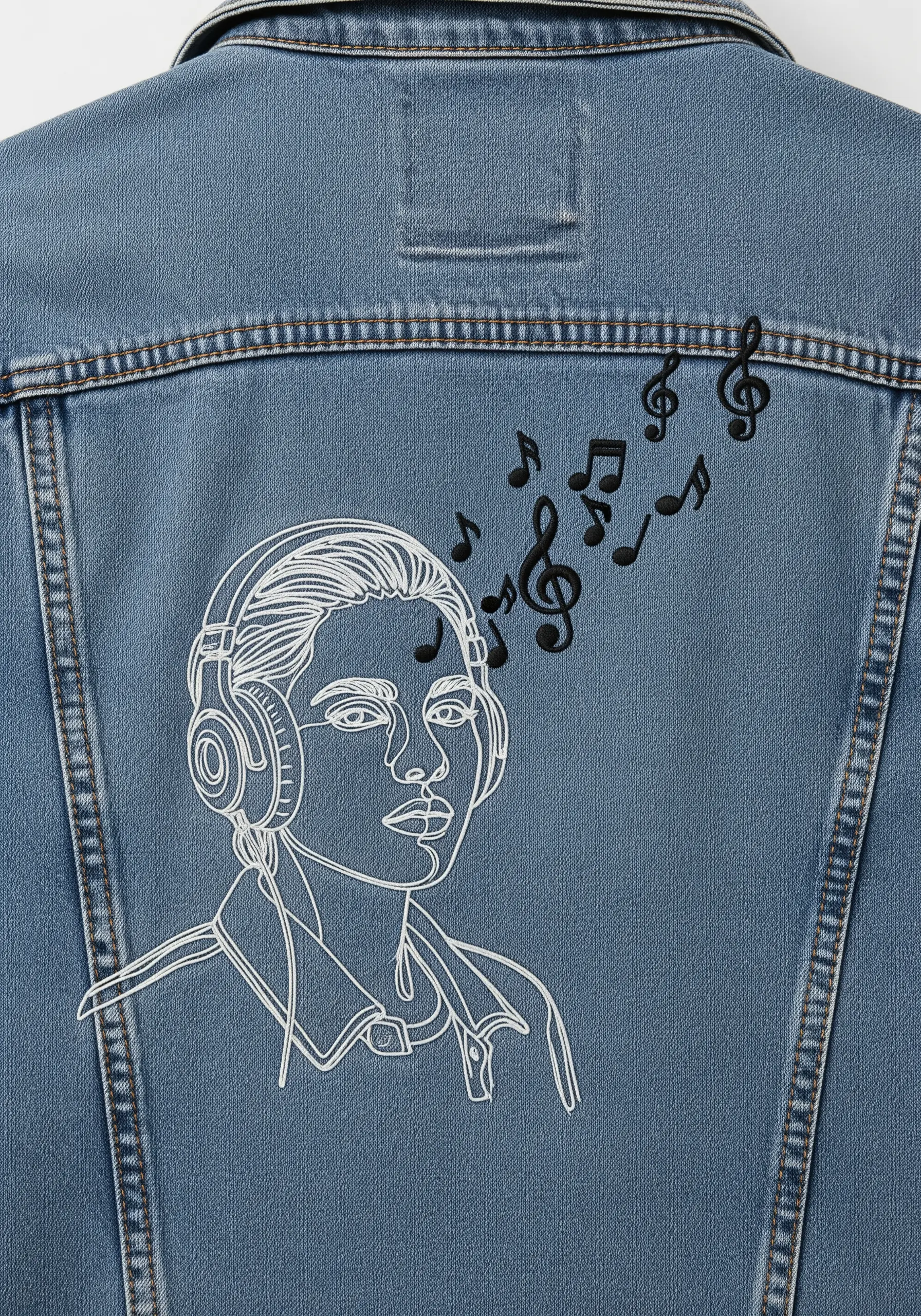 Line-art portrait of a person wearing headphones, with embroidered musical notes floating away.