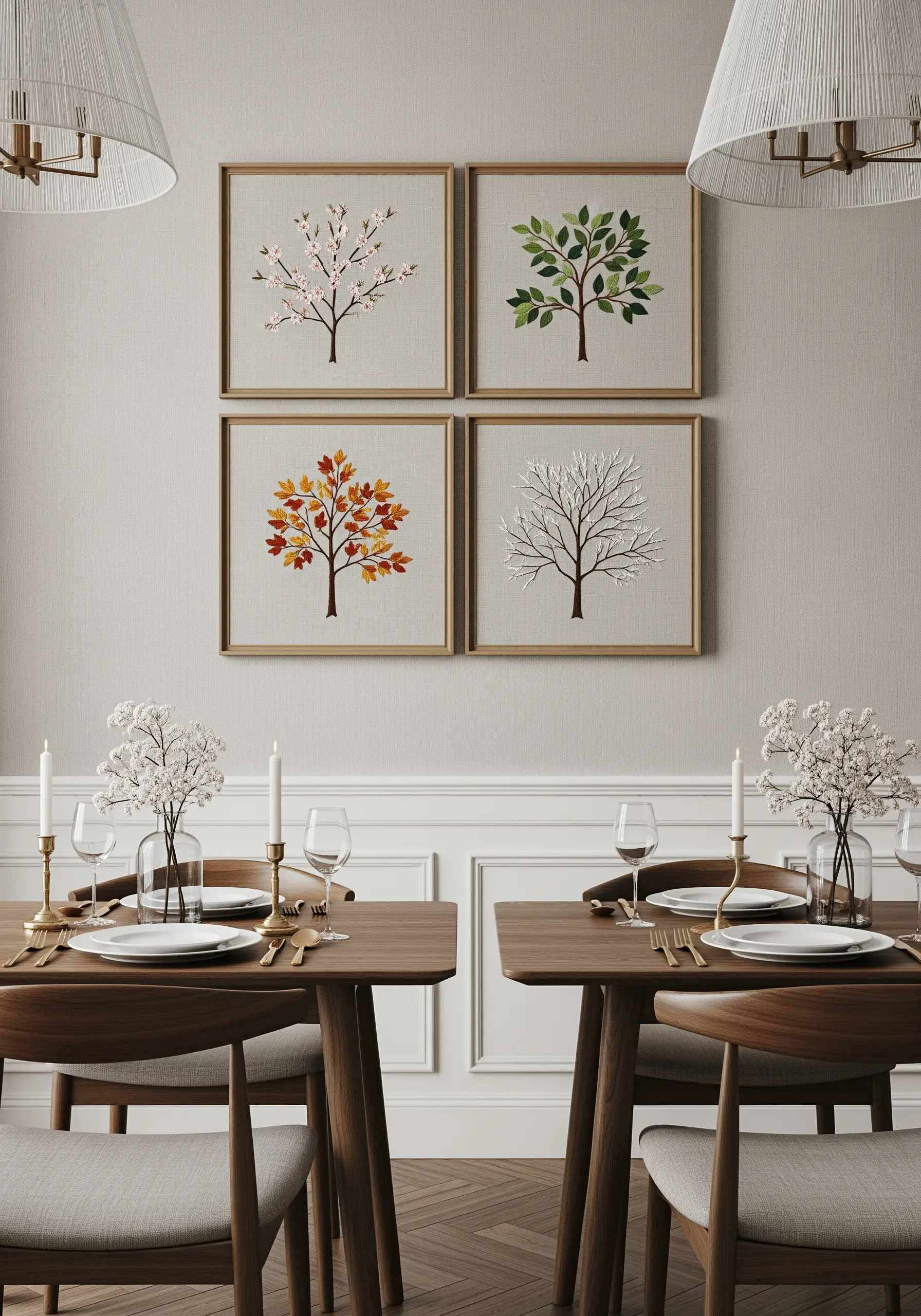 A set of four framed embroideries, each showing the same tree in a different season
