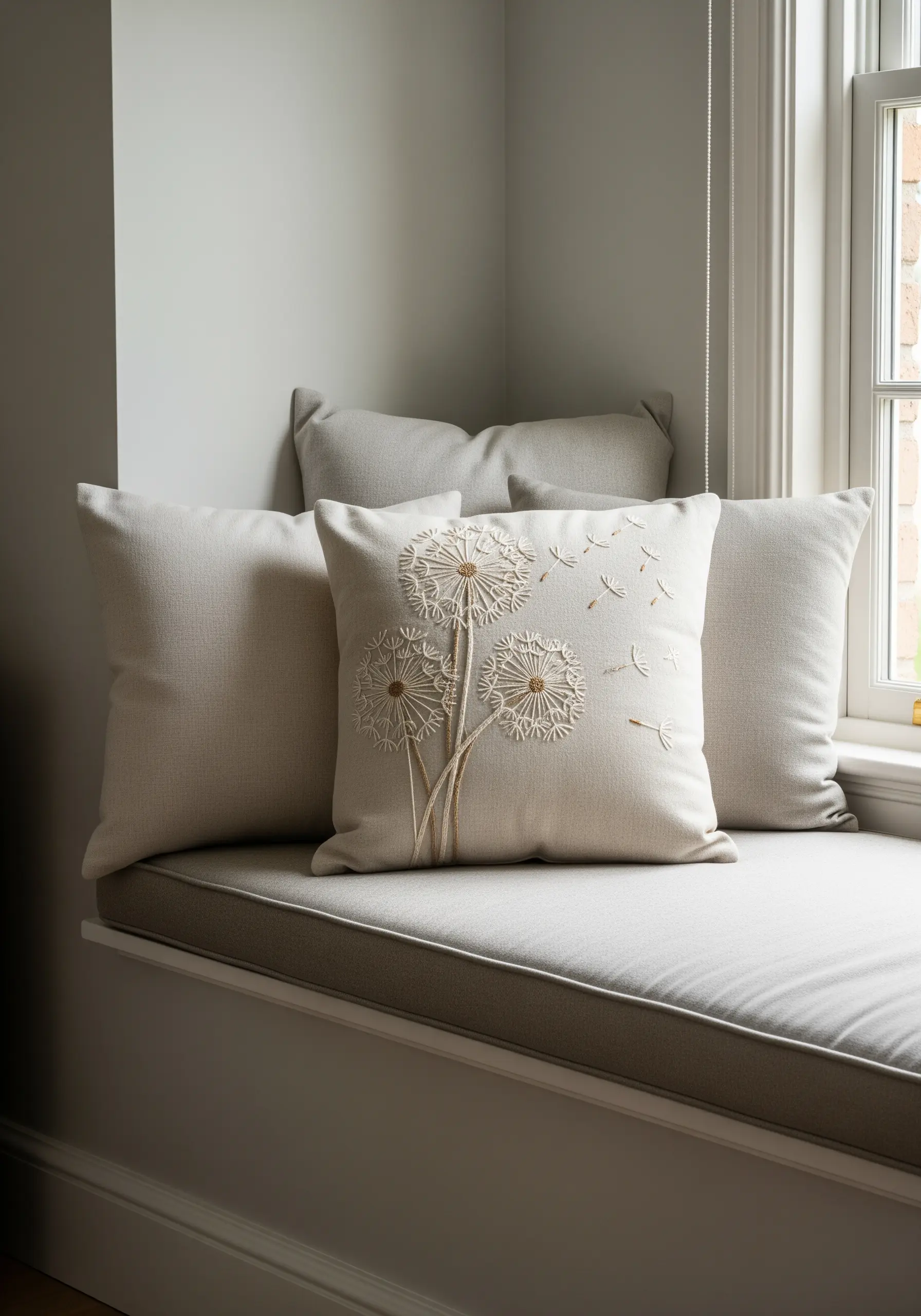 Embroidered dandelion with seeds blowing in the wind on a linen cushion.