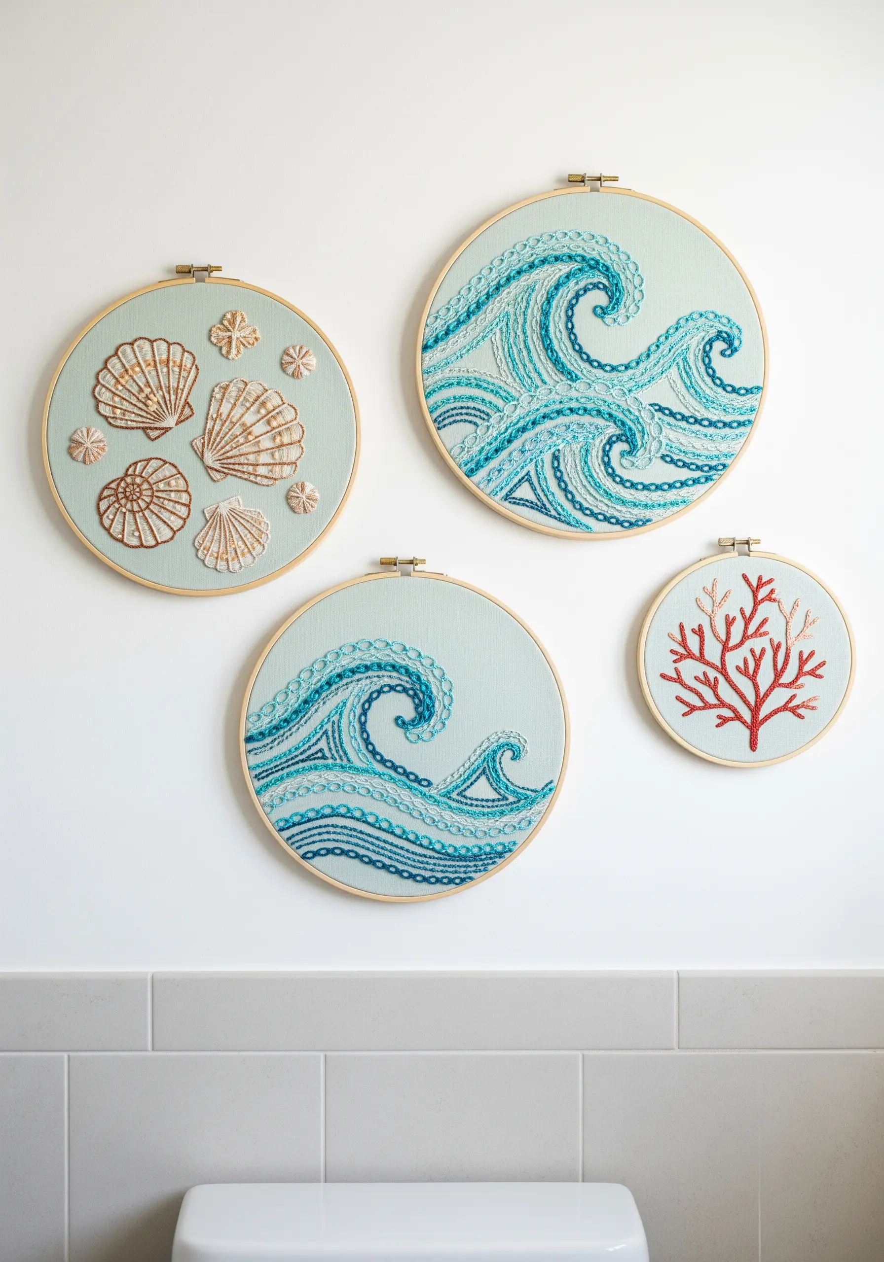 A collection of coastal-themed embroidery hoops showing seashells and stylized ocean waves.