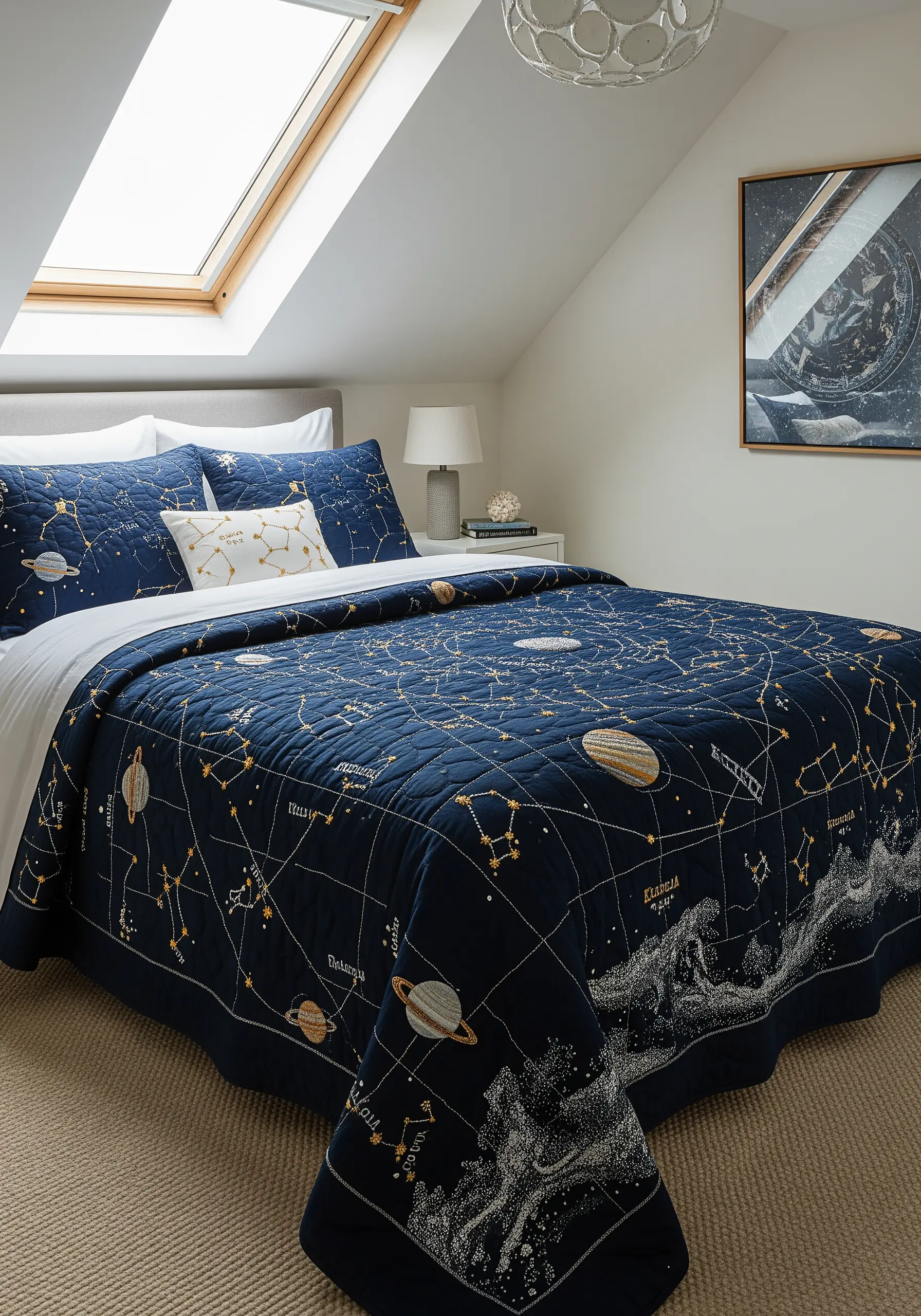 A dark blue quilted bedspread embroidered with gold constellations, planets, and celestial maps.