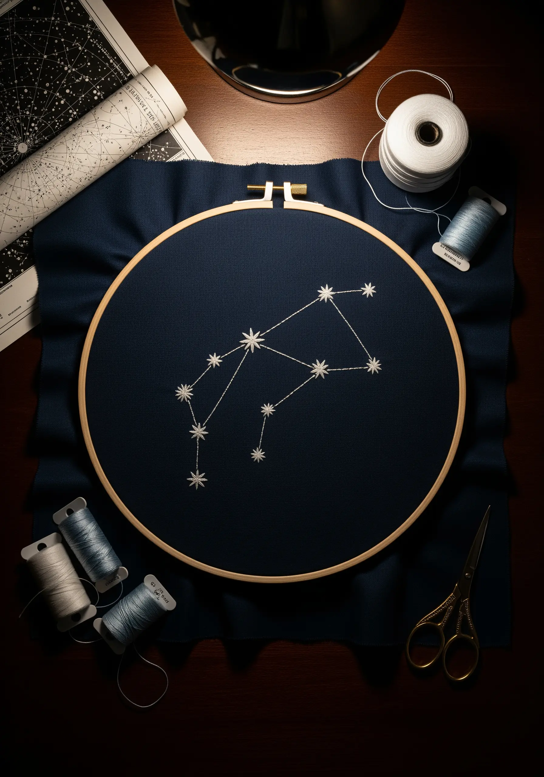 A star constellation stitched with white thread and French knots on dark navy fabric.