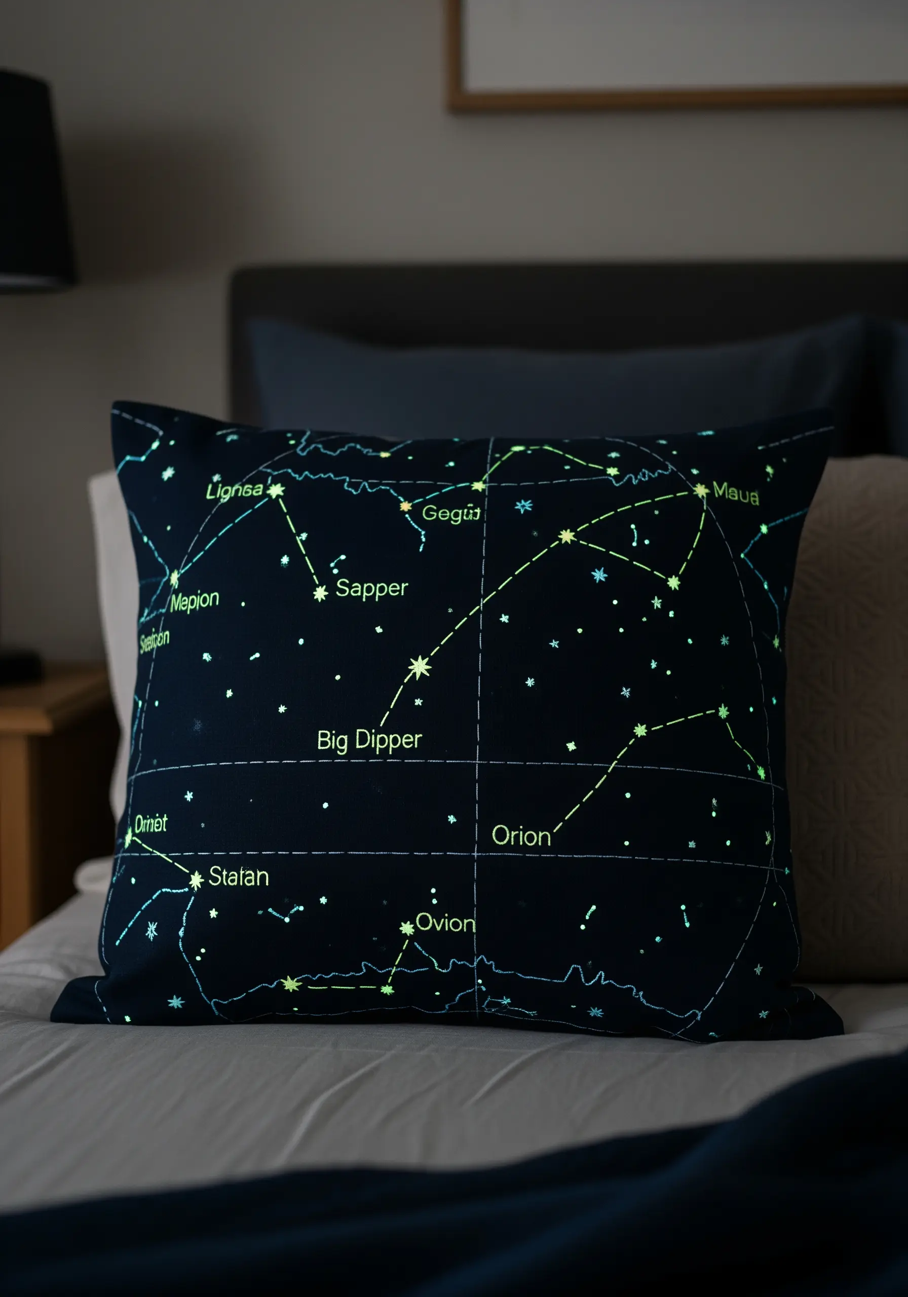 A dark blue pillow embroidered with constellations that are glowing in the dark.