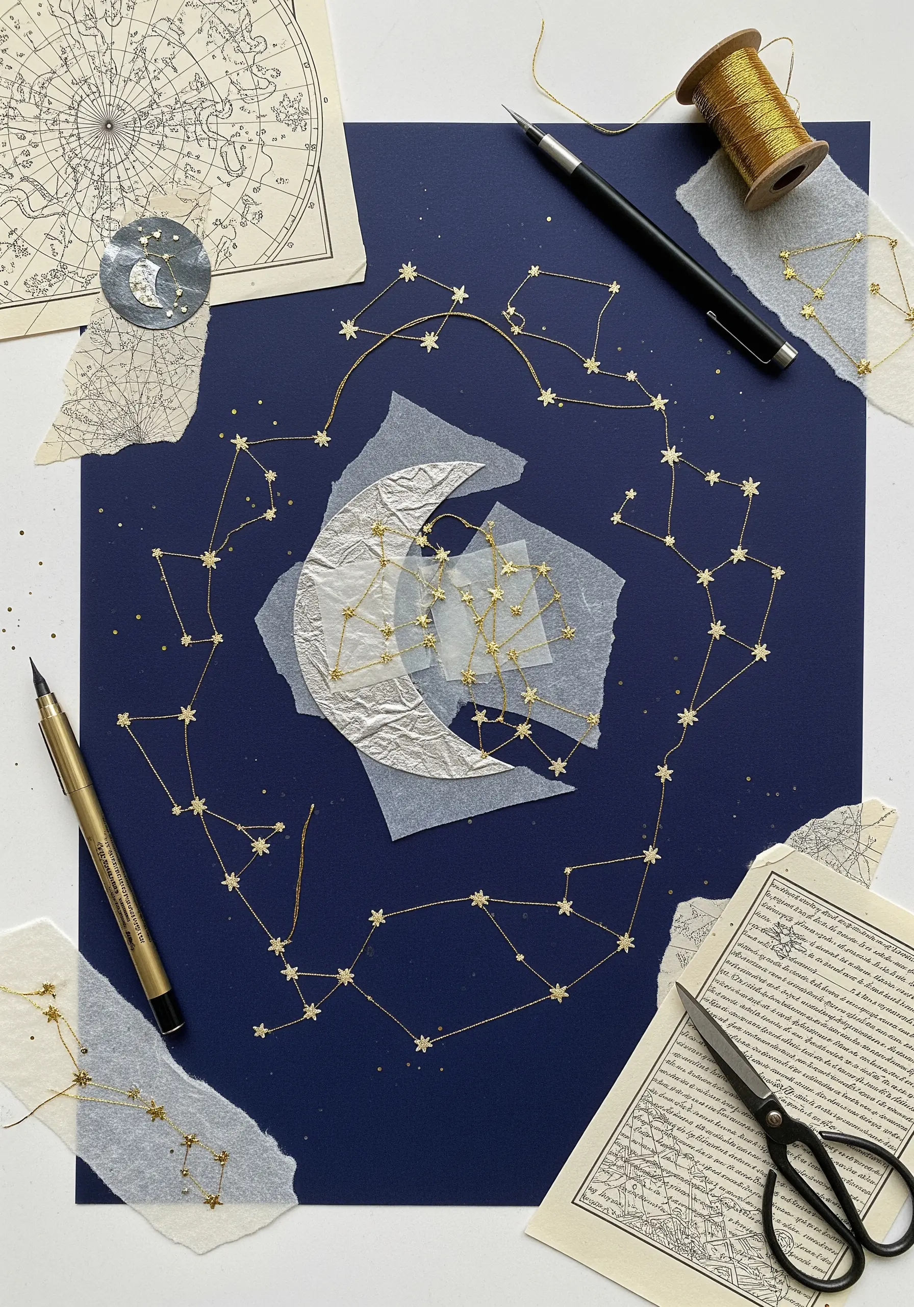 Gold metallic thread stitched in constellation patterns on dark blue paper with vellum accents.