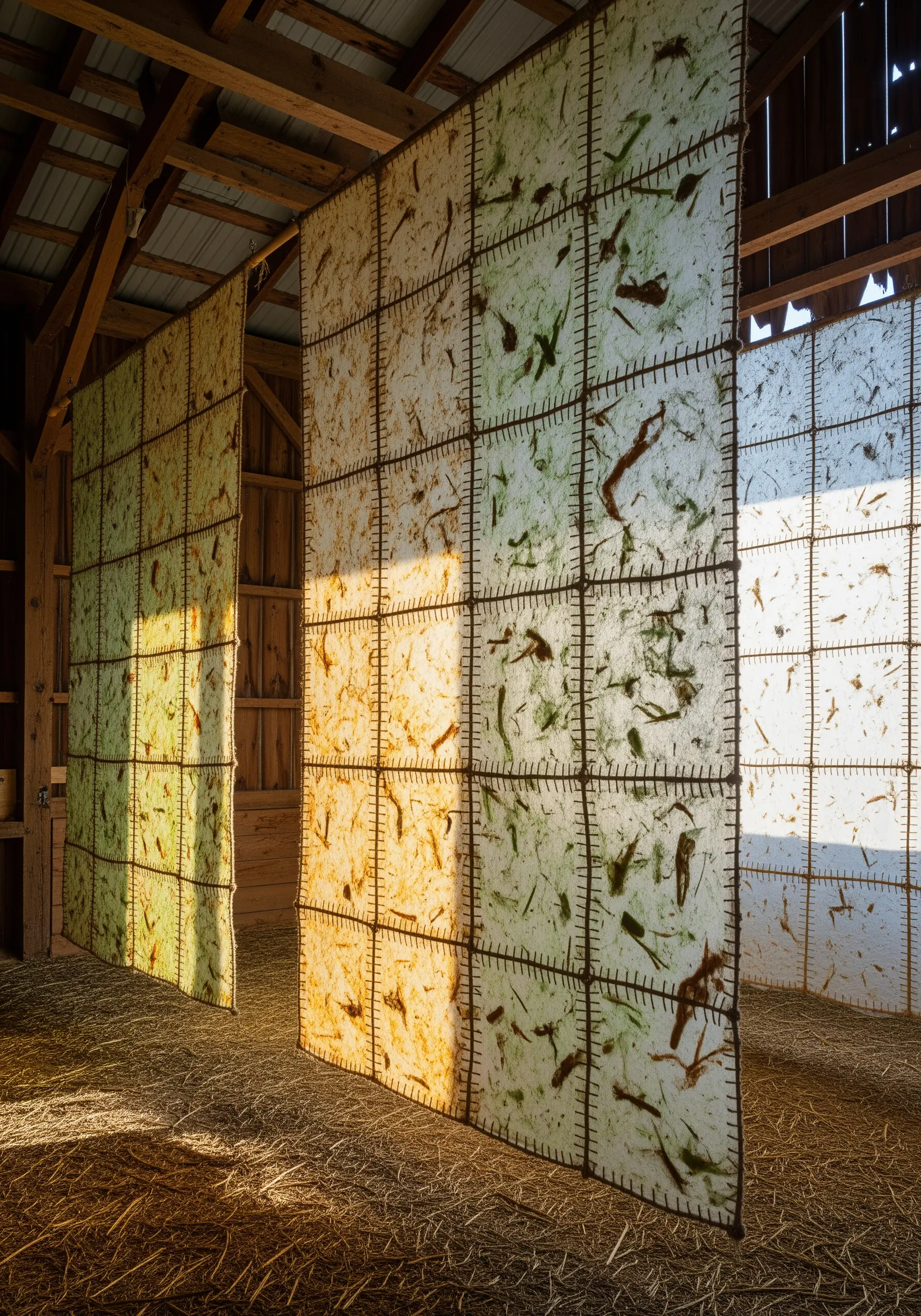 Large, translucent panels of handmade paper with embedded leaves, stitched together and backlit by the sun.