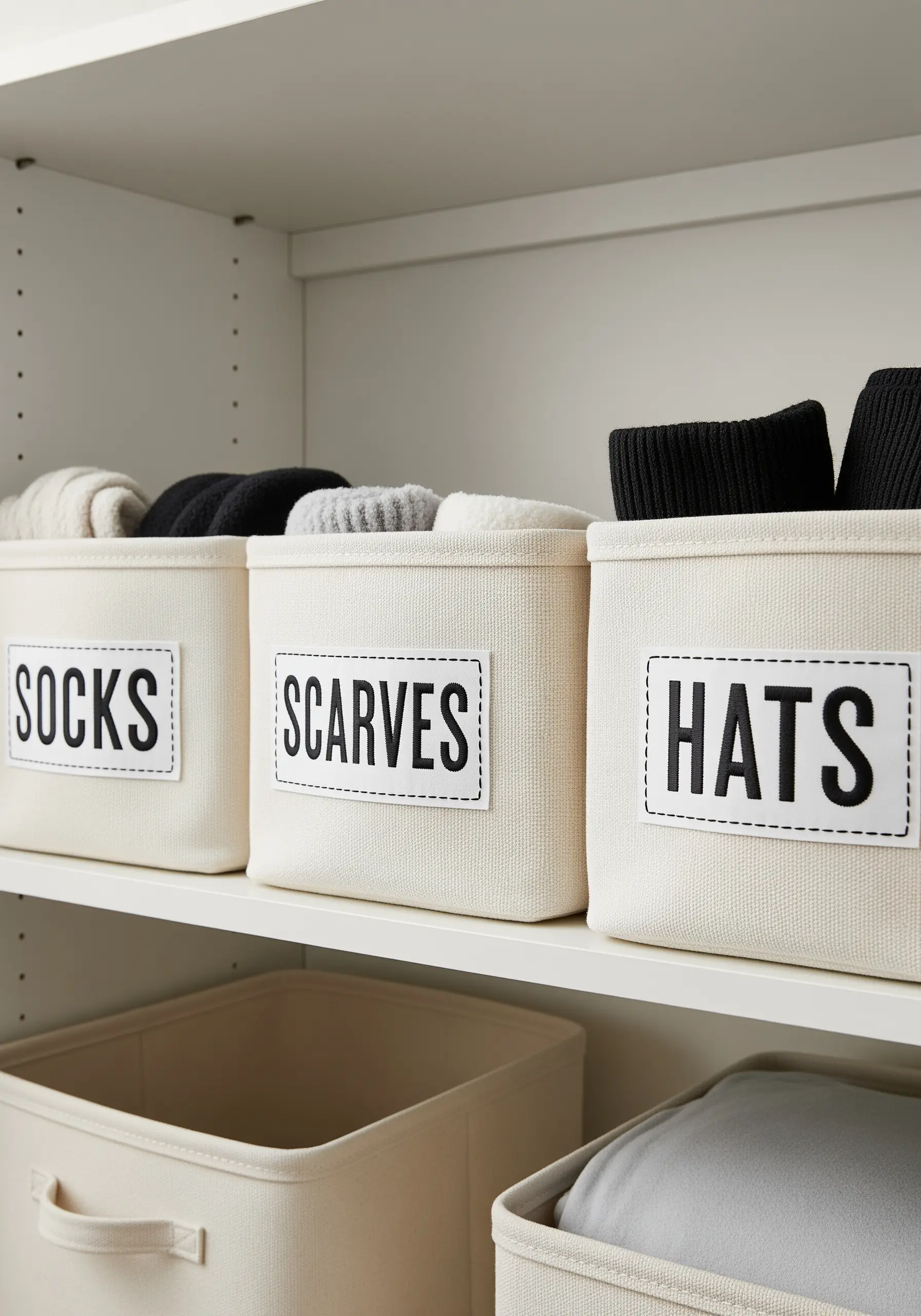Embroidered labels reading 'SOCKS,' 'SCARVES,' and 'HATS' on canvas storage bins.