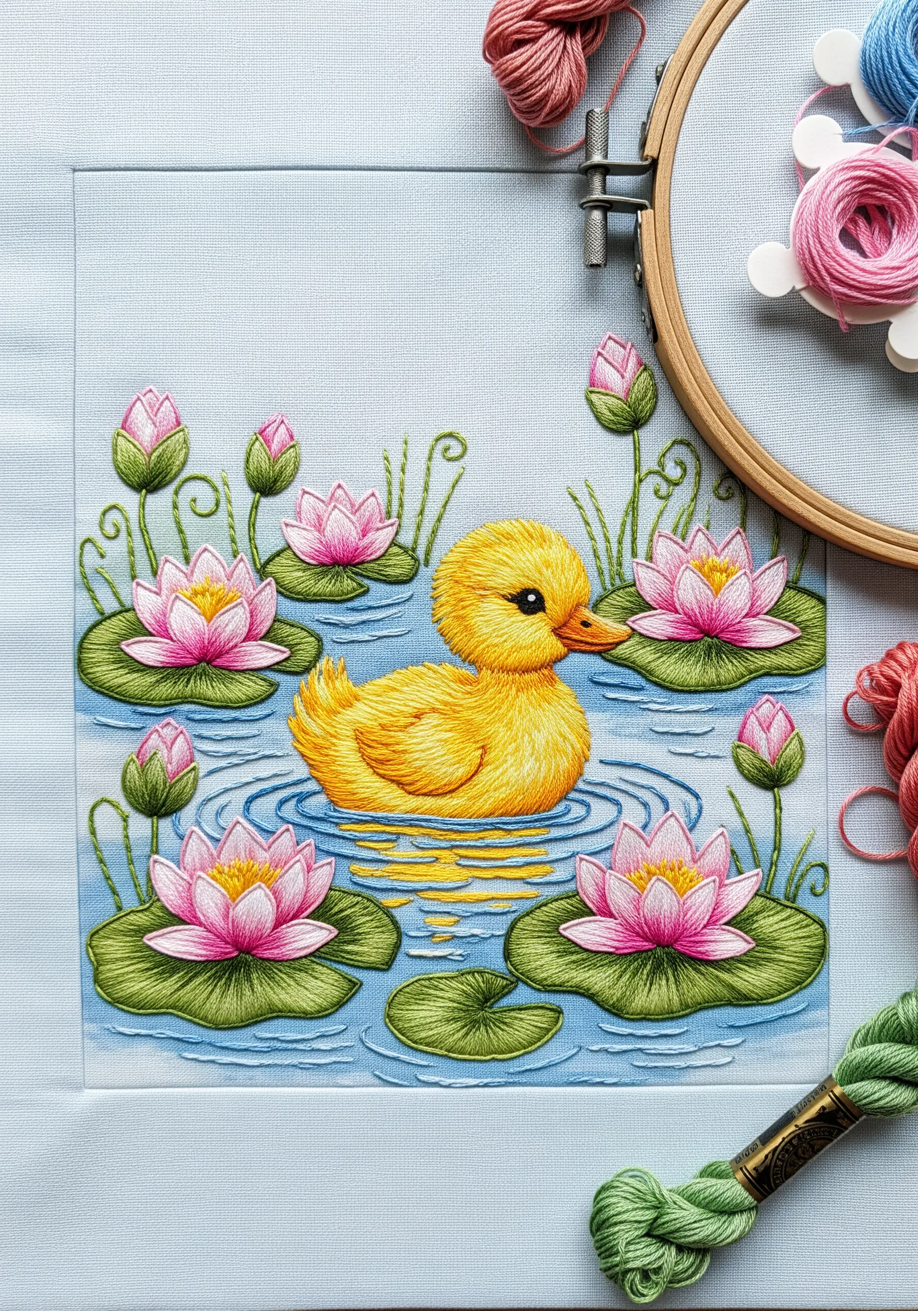 Embroidered duckling with stitched water ripples and reflections in a pond.