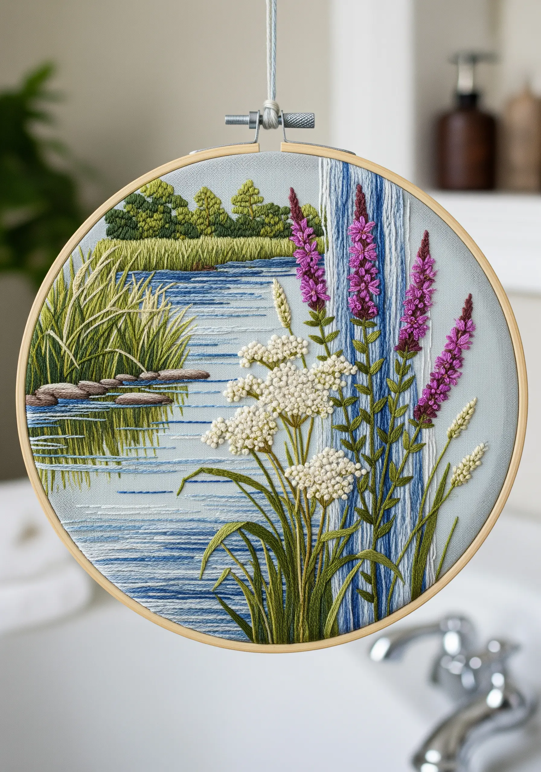 Embroidery of wildflowers by a lake, with the water stitched in horizontal blue and white threads.