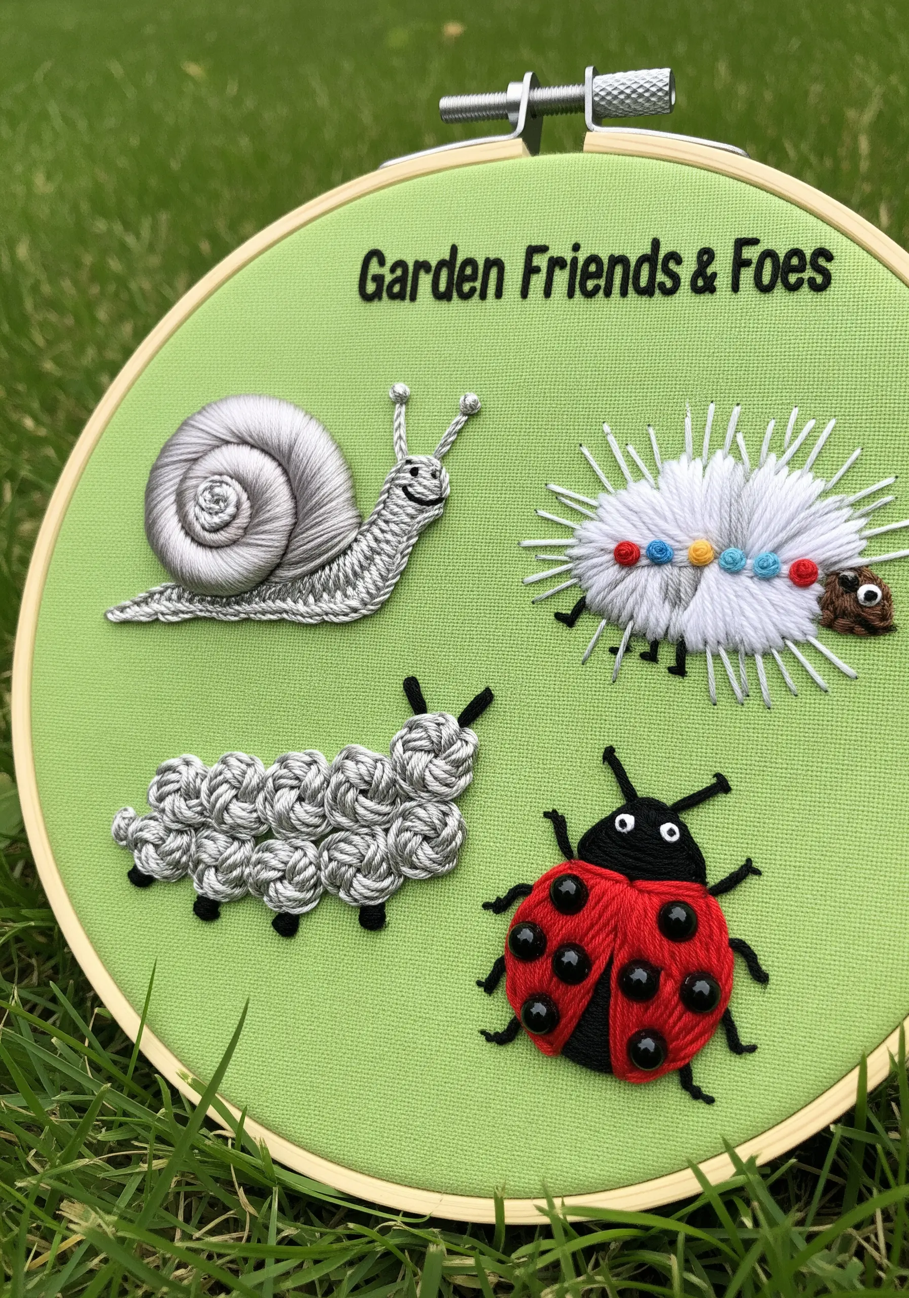 A playful embroidery of garden insects featuring a 3D snail, caterpillar, and beaded ladybug.