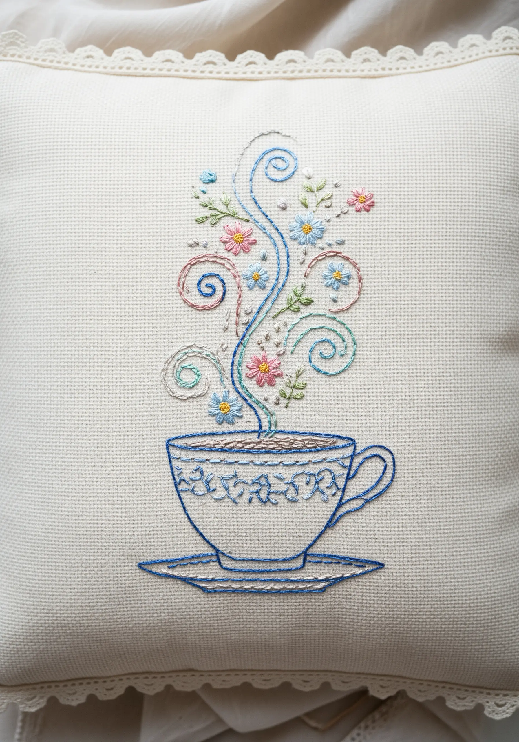Embroidery of a teacup with whimsical floral steam rising from it.