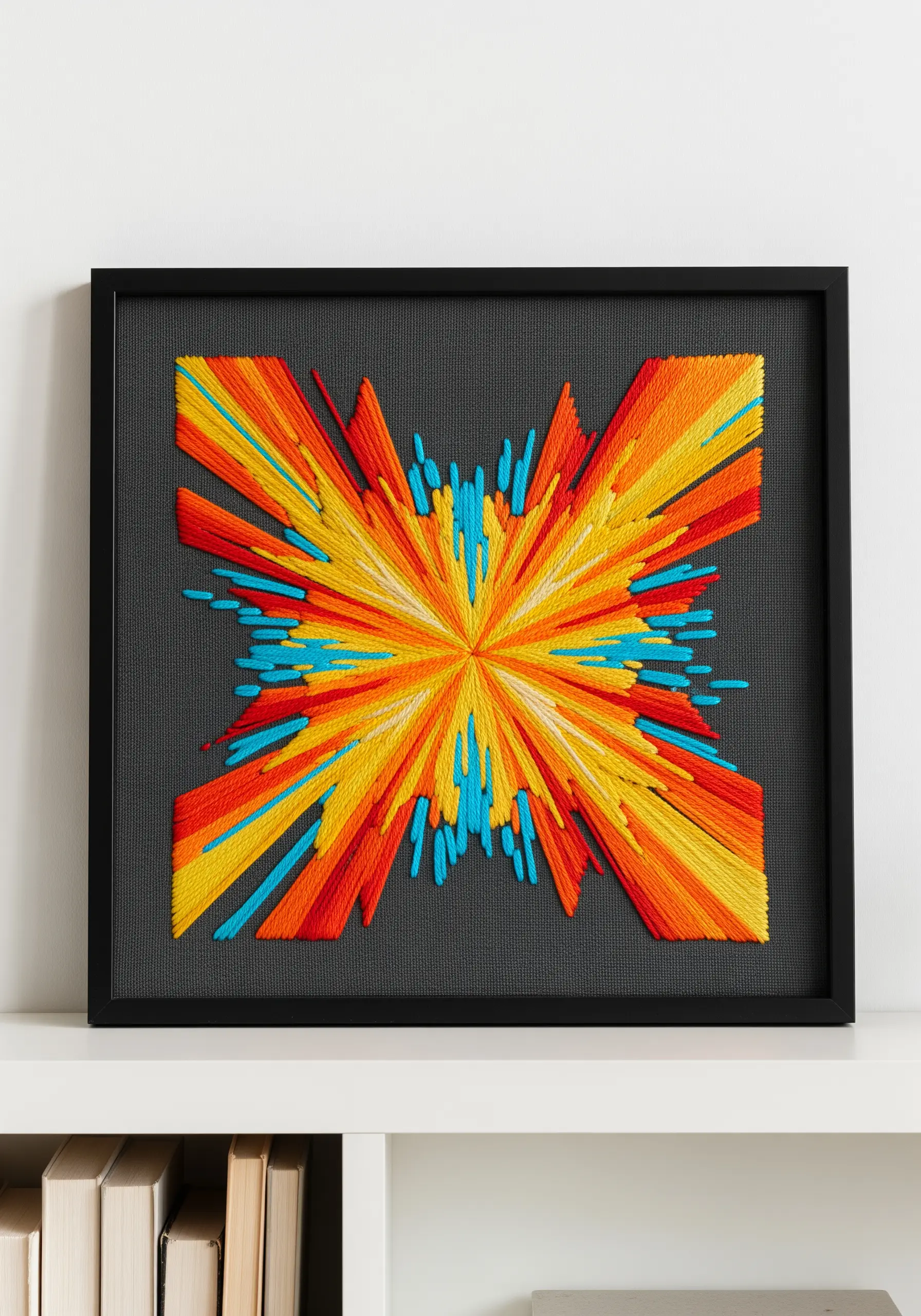 Abstract embroidery with radiating straight stitches in orange, yellow, and turquoise.