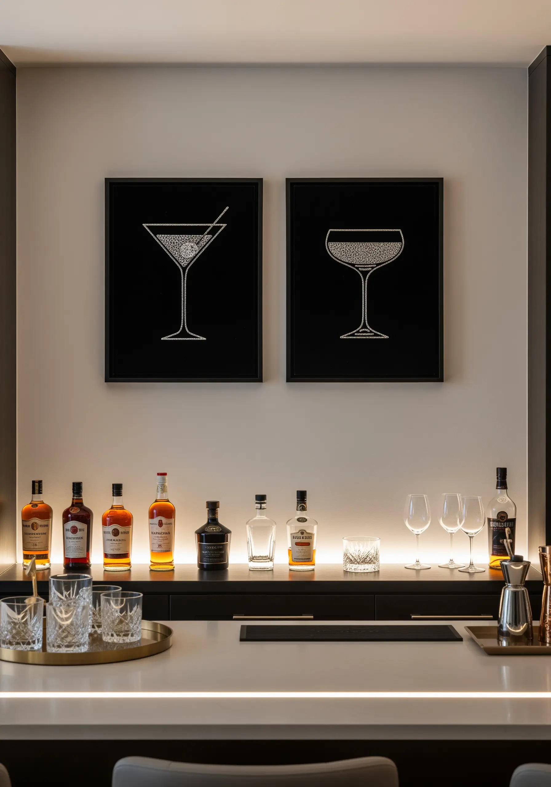 Two framed embroidery pieces of cocktail glasses filled with white French knots.