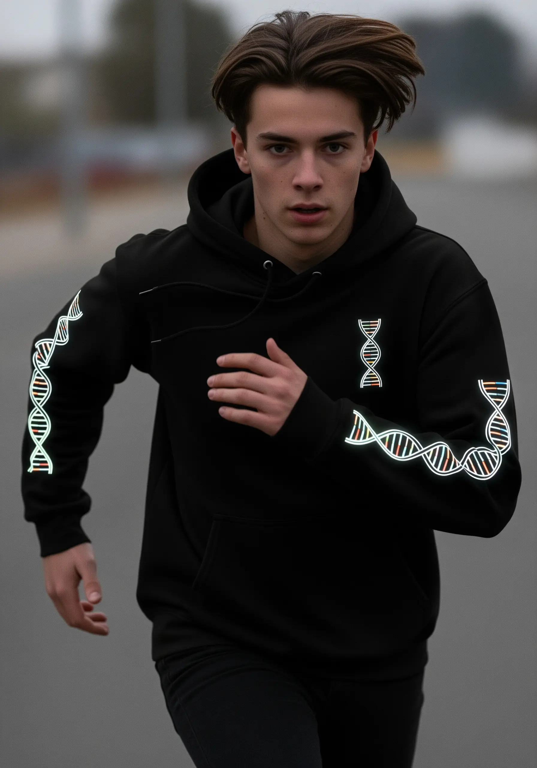 A DNA double helix embroidered with reflective thread on the sleeves of a black hoodie.