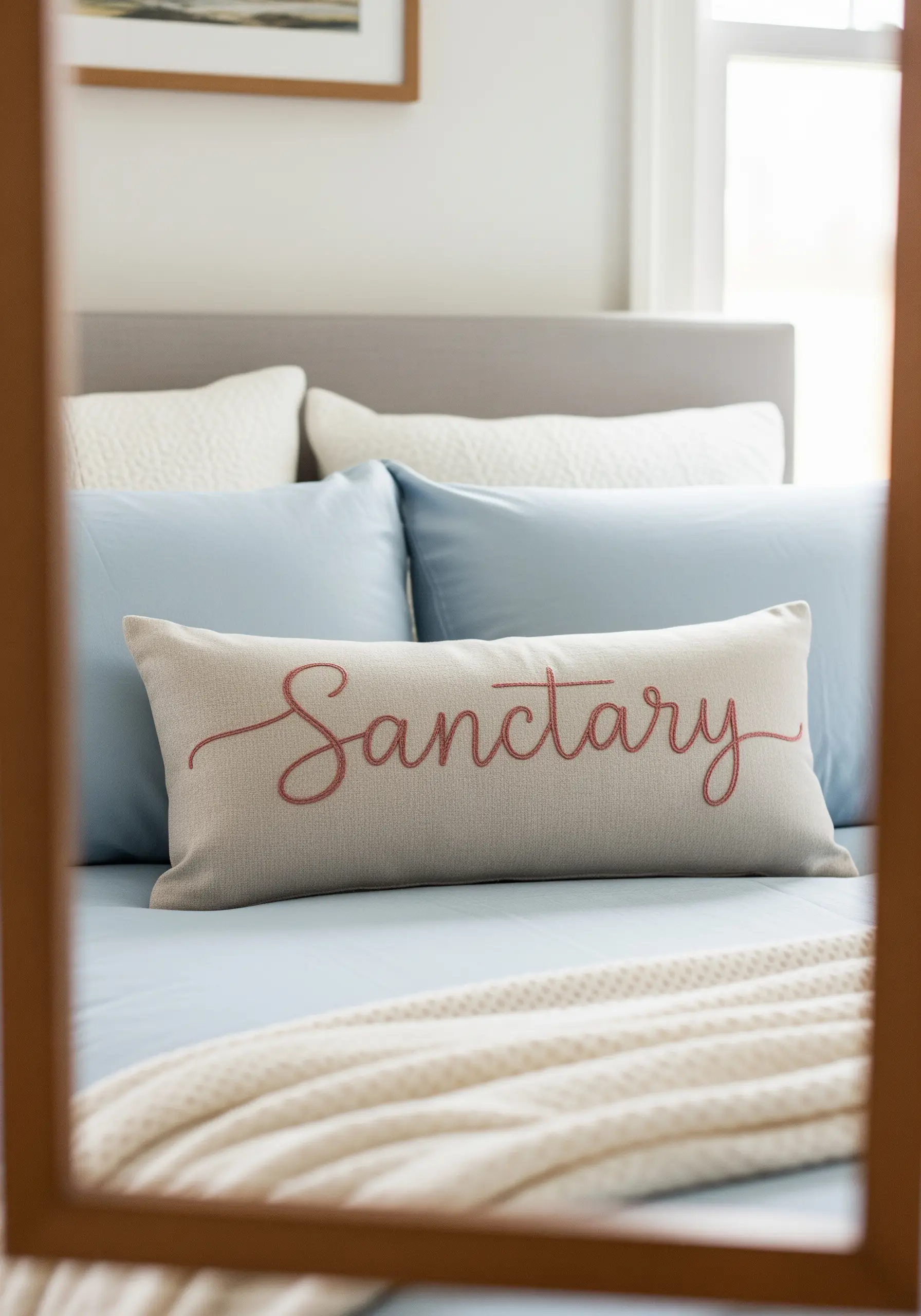 A lumbar pillow with the word 