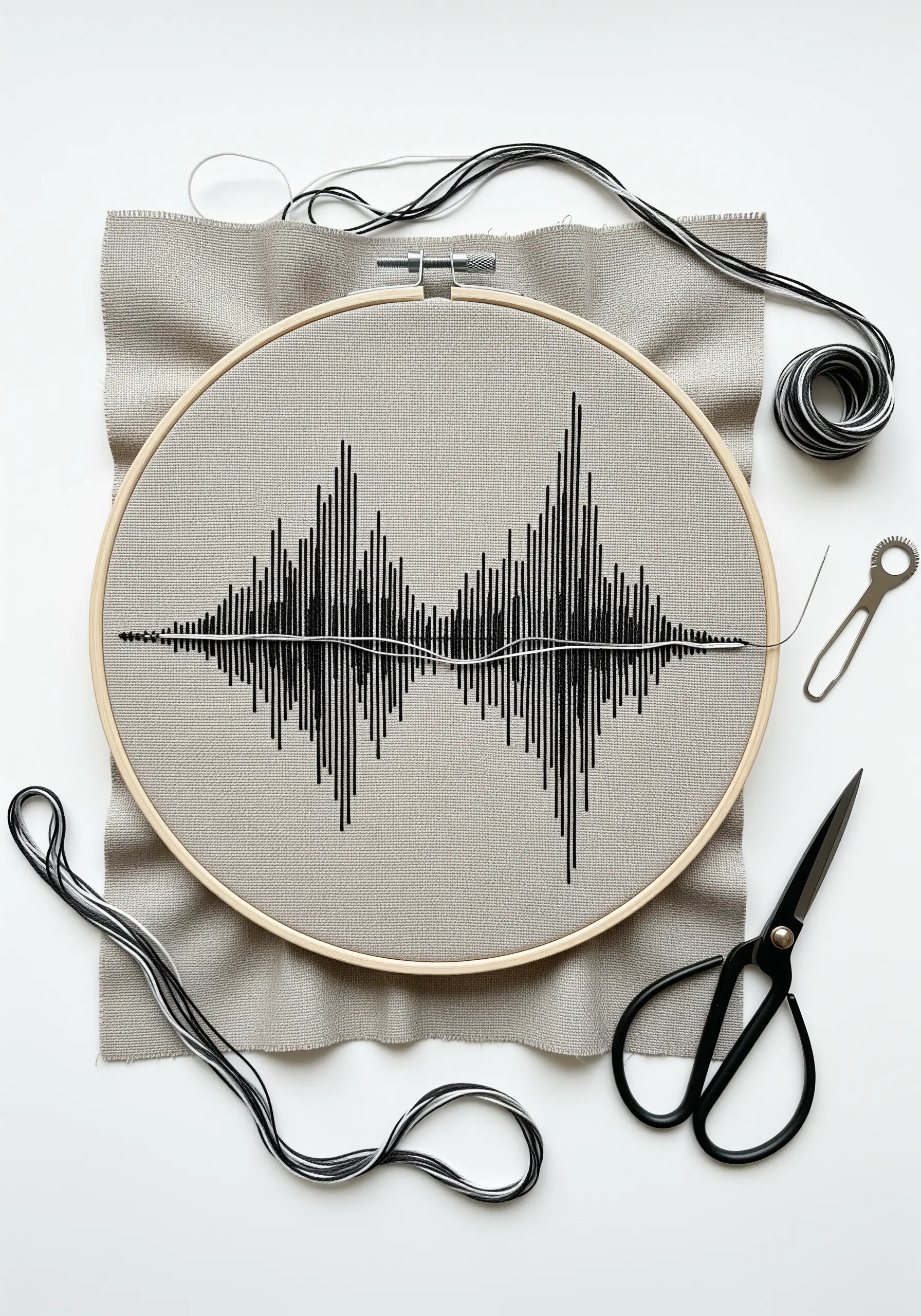 A sound wave pattern stitched in black thread on neutral gray linen fabric.