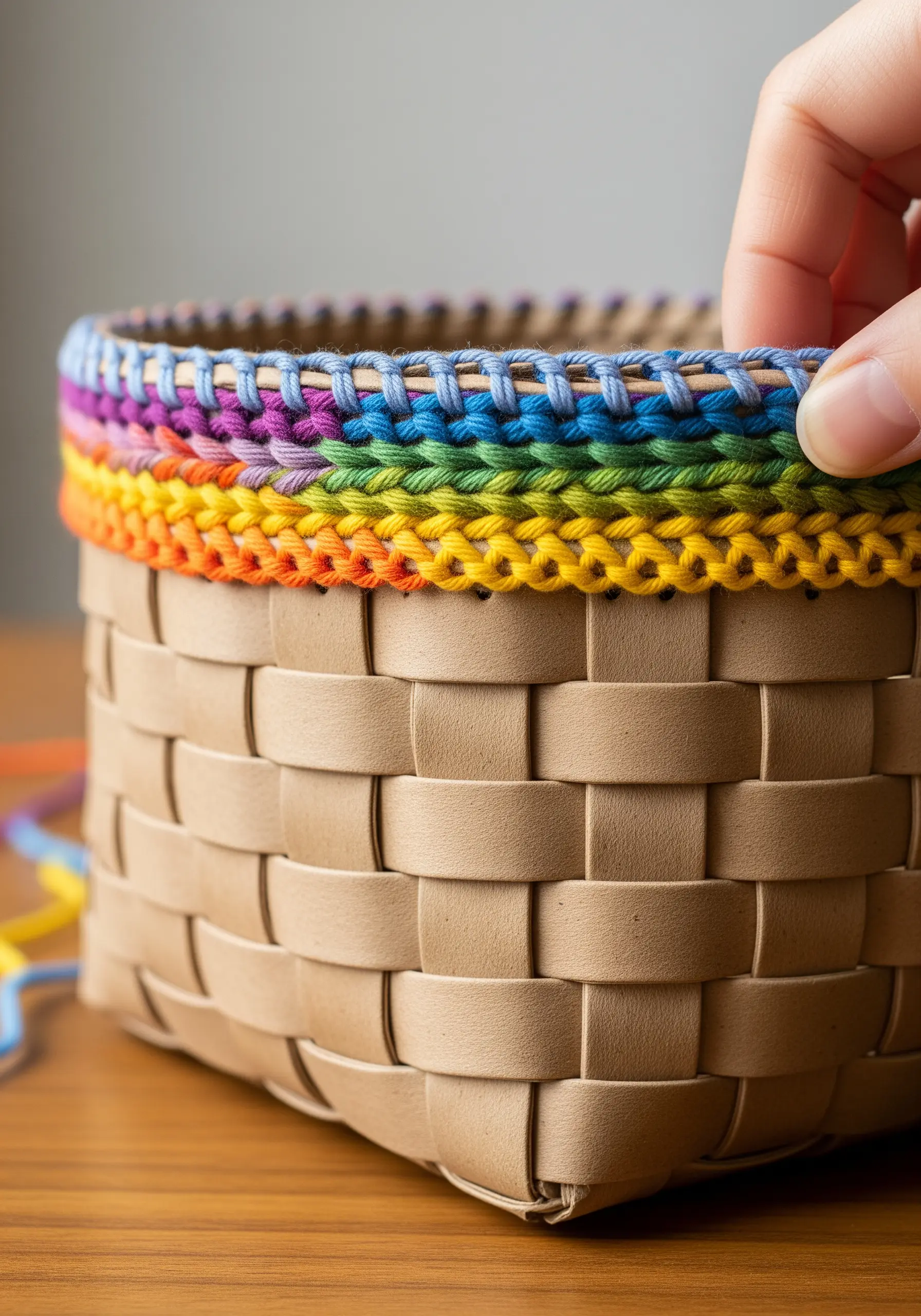 A rainbow of embroidery floss wrapped around the rim of a woven paper basket.