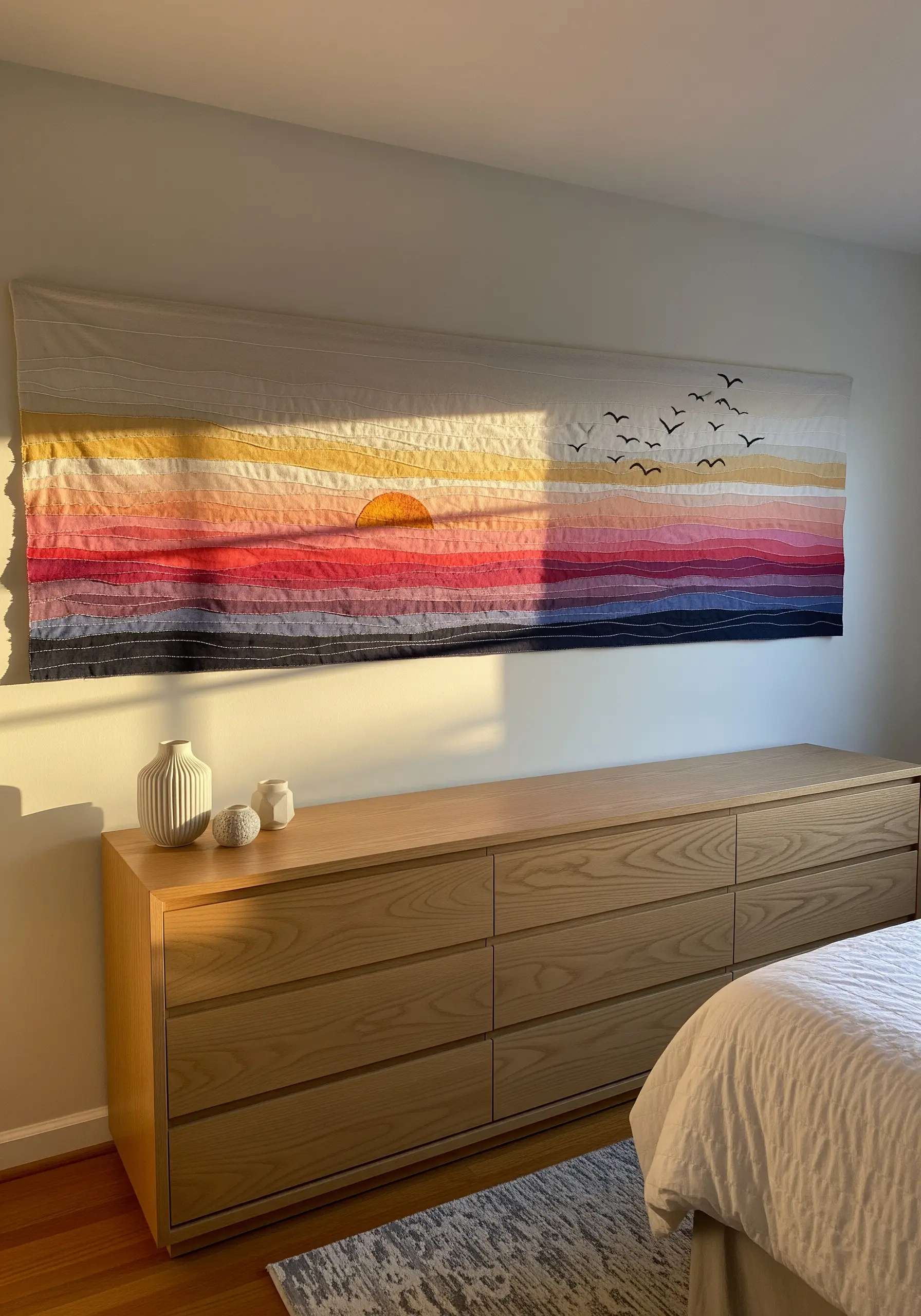 Quilted and embroidered wall hanging of a sunset over the ocean with birds.