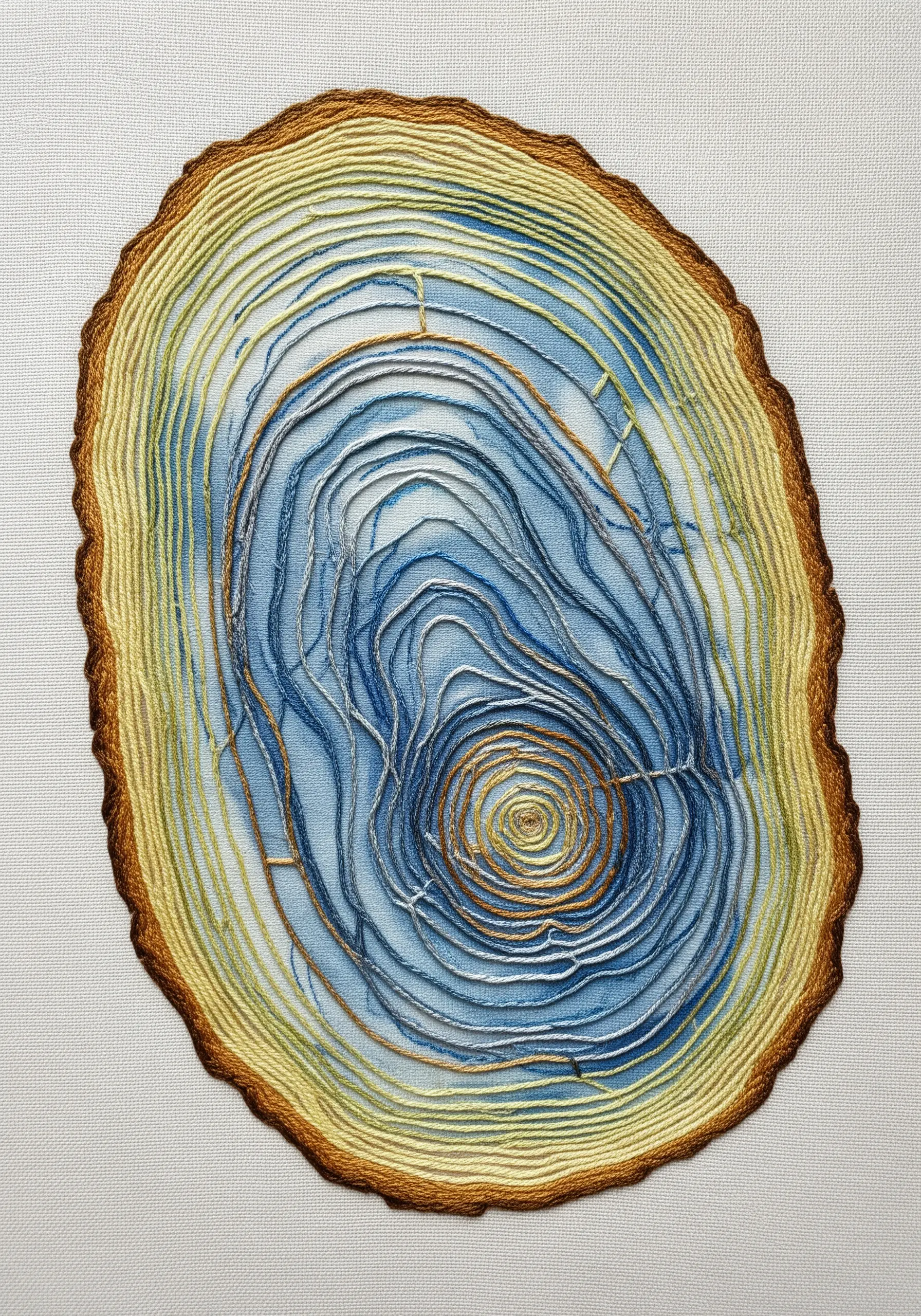 Embroidered tree ring with fine gold and white stitches over a blue watercolor-painted background.
