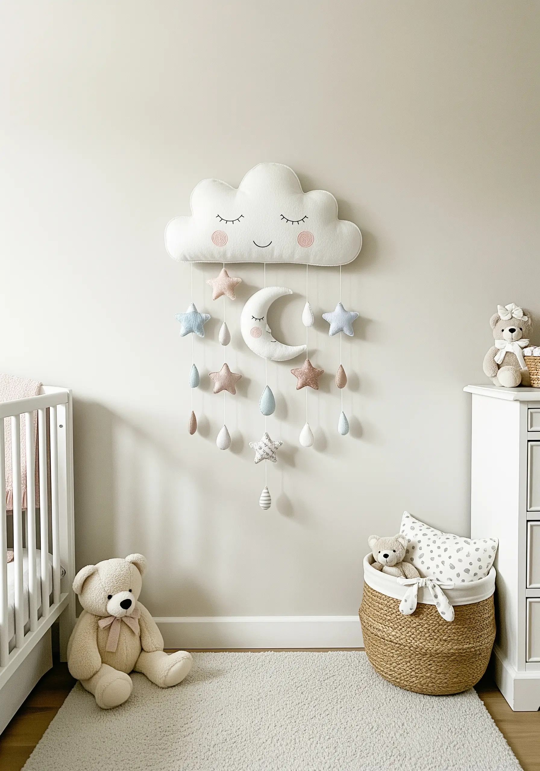A handmade nursery mobile with a plush embroidered cloud, moon, and hanging stars.