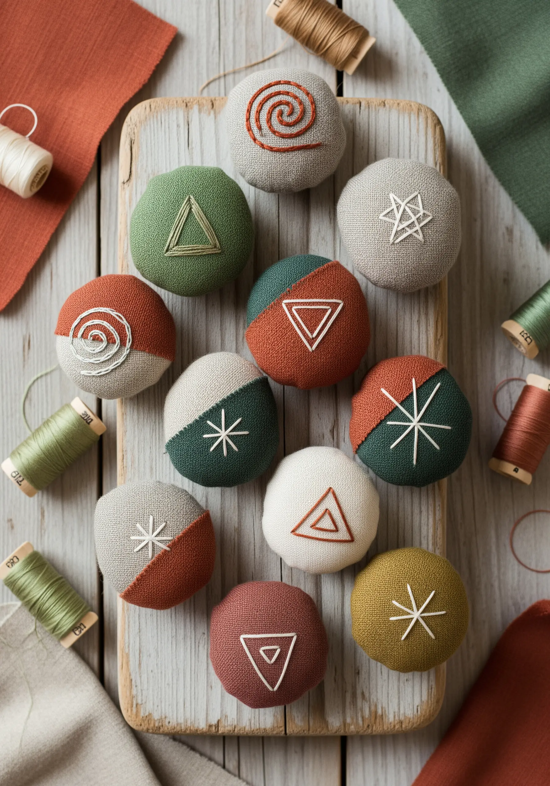A collection of small, round, stuffed fabric 'stones' with simple embroidered geometric symbols.