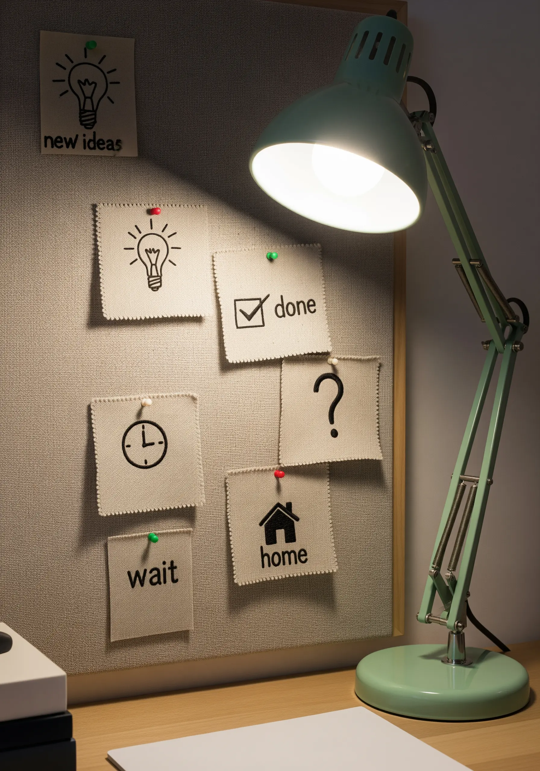 Small embroidered canvas squares with words and icons pinned to a bulletin board.